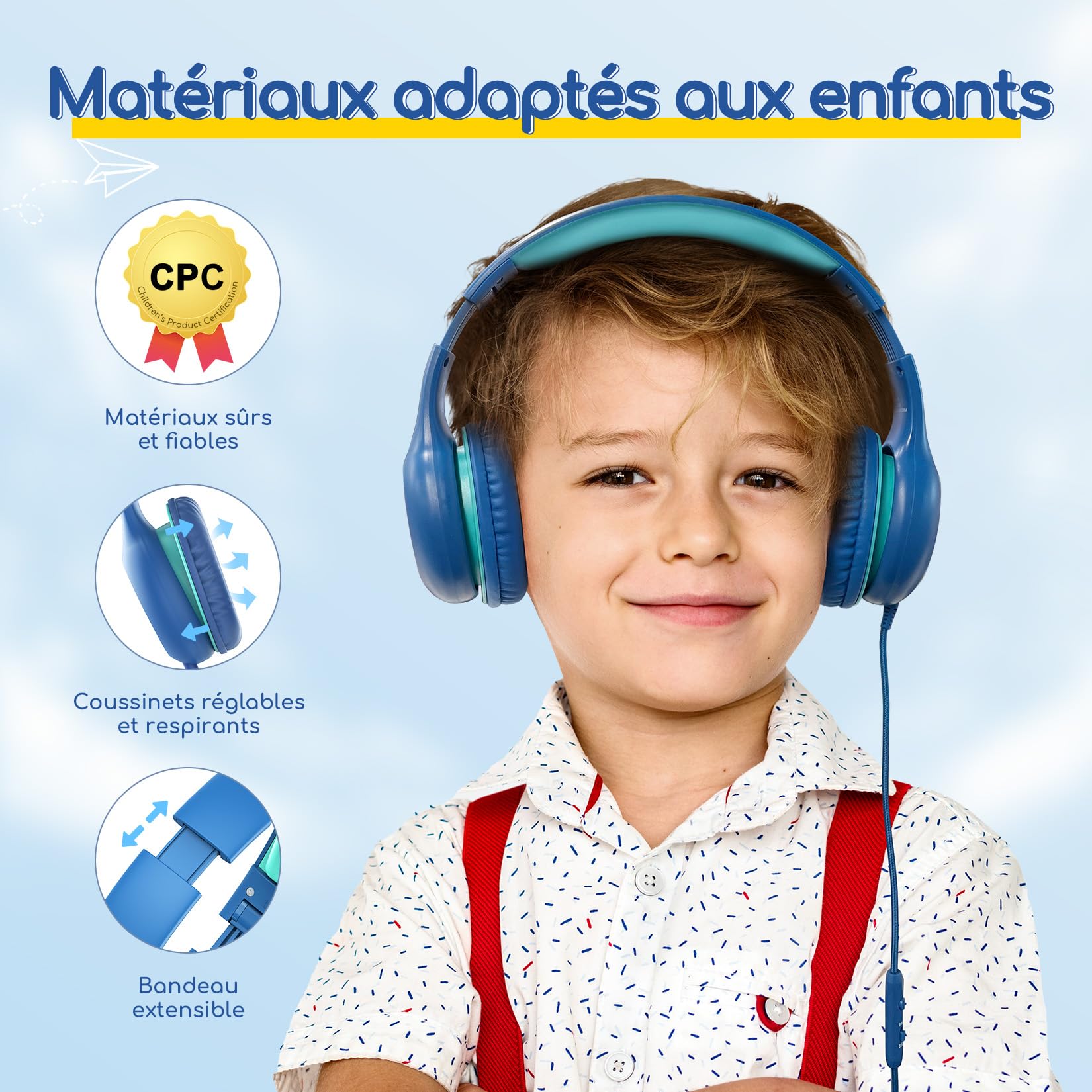 EarFun Casque Audio Enfant Filaire, Limiteur de Volume 85dB, Partage Audio, Pliable et Réglable, Confortable, Jack 3,5 mm, Casque Enfants pour École/Voyage/Téléphone, Bleu-Vert