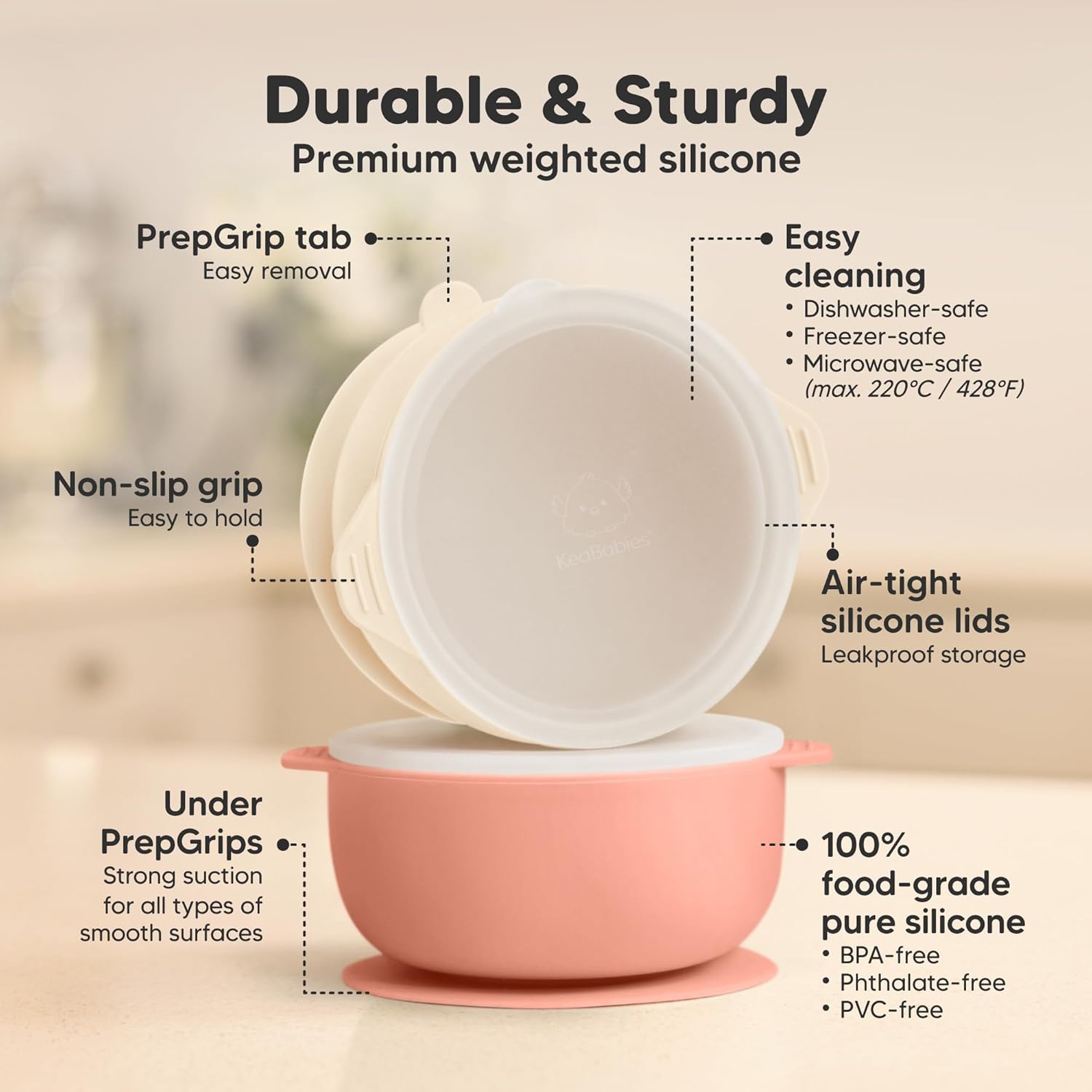 KeaBabies 2-Pack Baby Bowls with Suctions, Lids – Silicone Toddler Suction Bowls for Baby Boy, Girl, Kids, Food Grade Silicone, BPA-Free, Dishwasher Safe, Toddler Eating Essentials (Roseate)
