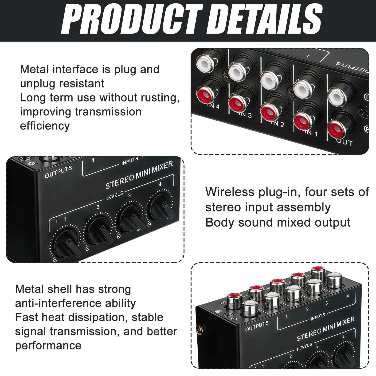 Aux Audio Switcher 4 en 1 Out, canal mezclador pasivo compacto, mezclador pasivo portátil, mezclador de audio estéreo pasivo, para estudio en casa y actuaciones en directo
