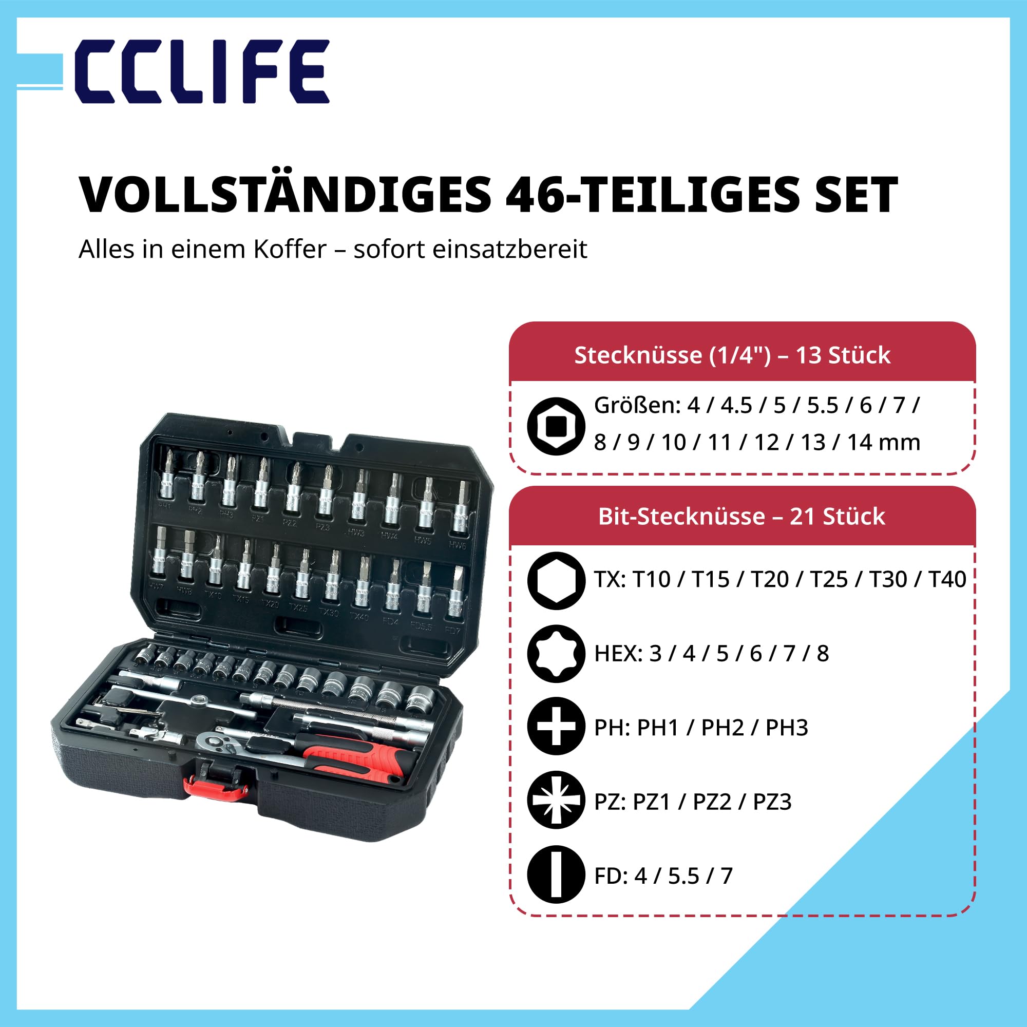 CCLIFE 46-częściowy zestaw narzędzi z grzechotkami 1/4" z nasadkami, przedłużkami i przegubami gimbalnymi do samochodów osobowych i majsterkowiczów w stabilnej walizce na narzędzia