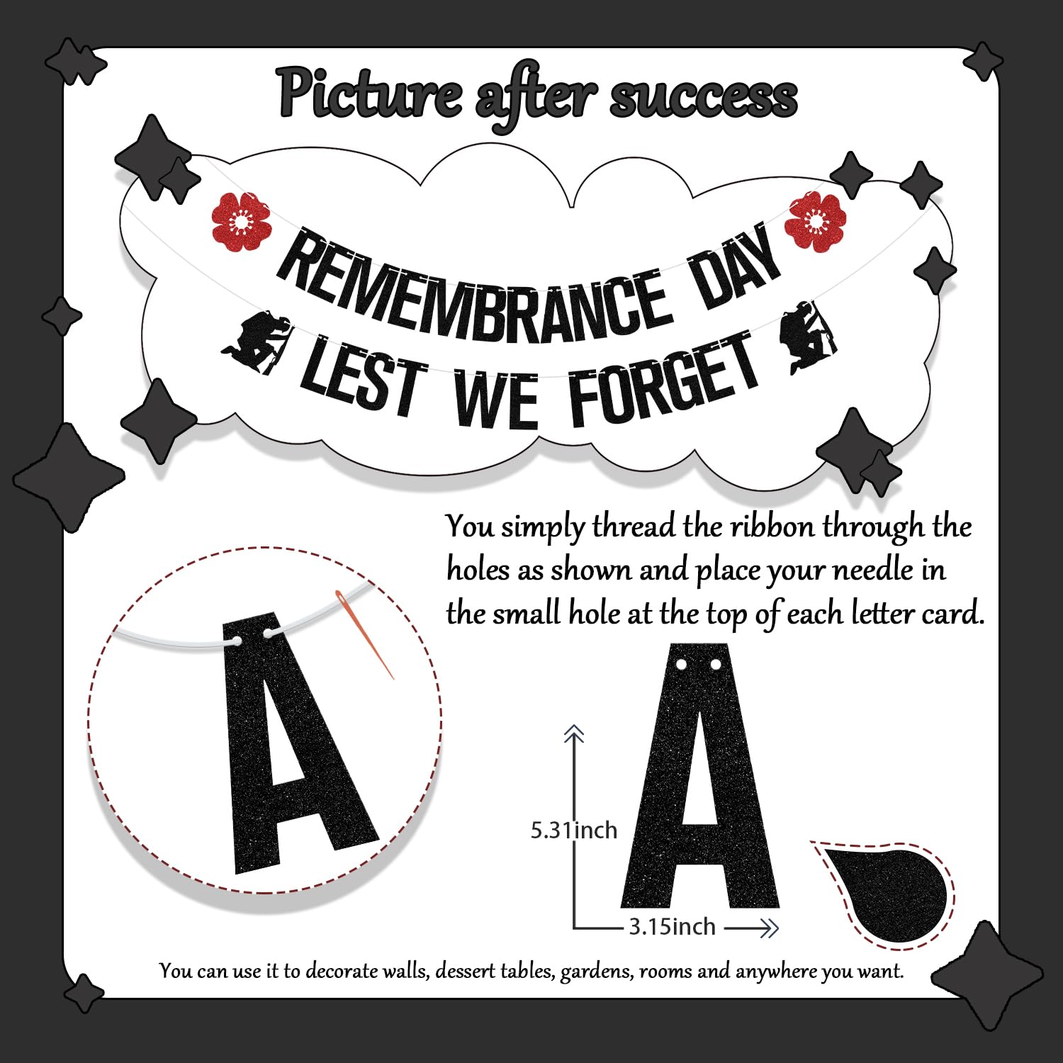 Remembrance Day Lest We Forget Banner Veterans Memorial Day Decoration British Army Armistice Day Decoration Black Glitter - Image 2