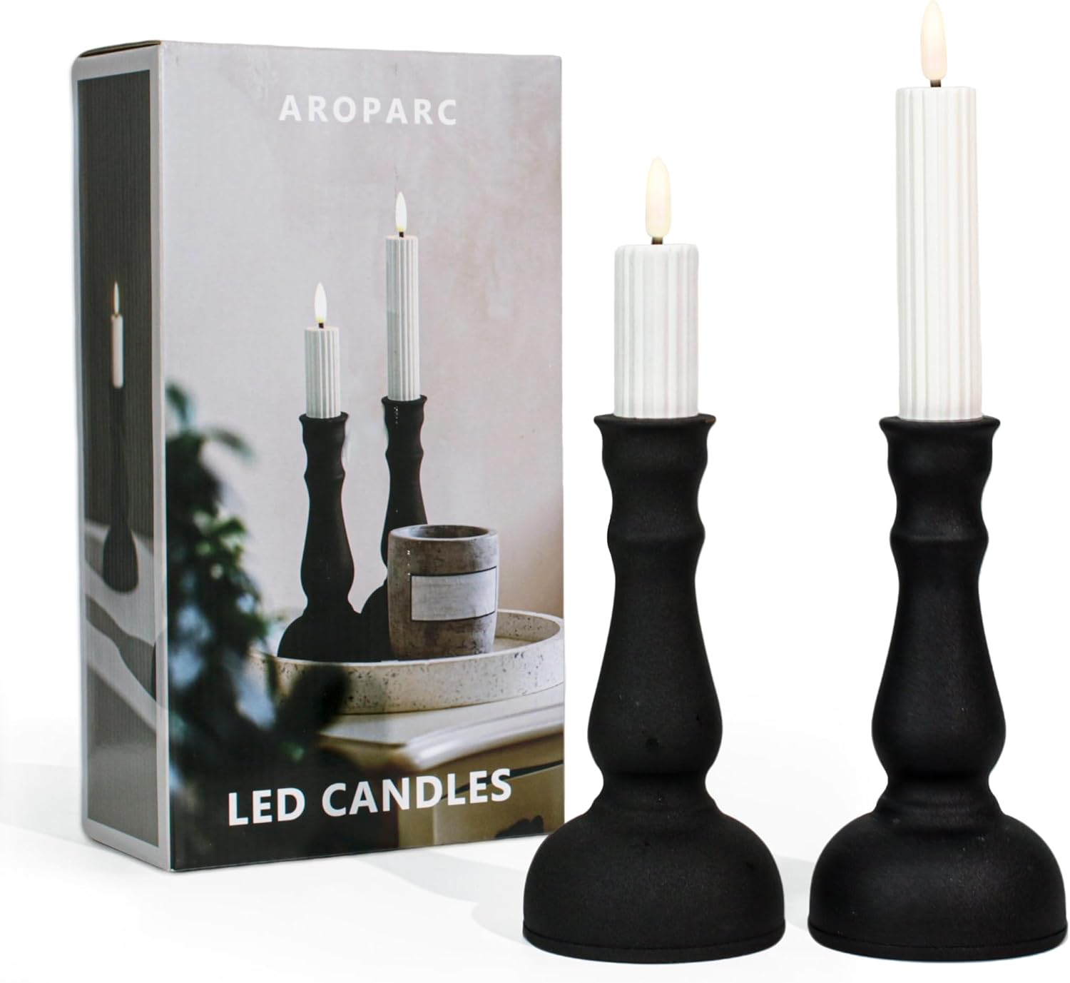 Aroparc Flickering Flameless Battery Operated LED Candles,Realistic All-Metal Candle Lights No-Melted, Room Decor, Home Decor - Matte 2pcs 1 Tall+1 Short