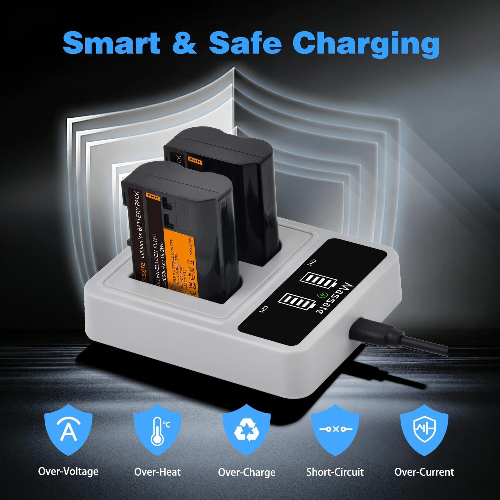 Zestaw 2 baterii 2600 mAh EN-EL15c EN-EL15 + szybka ładowarka LED PD20W [pełne ładowanie w 2,5 godziny], do Nikon D500 D600 D610 D750 D800 D810 D850 D7000 D7200 D77200 D7700 D77200 D77 500, Z5