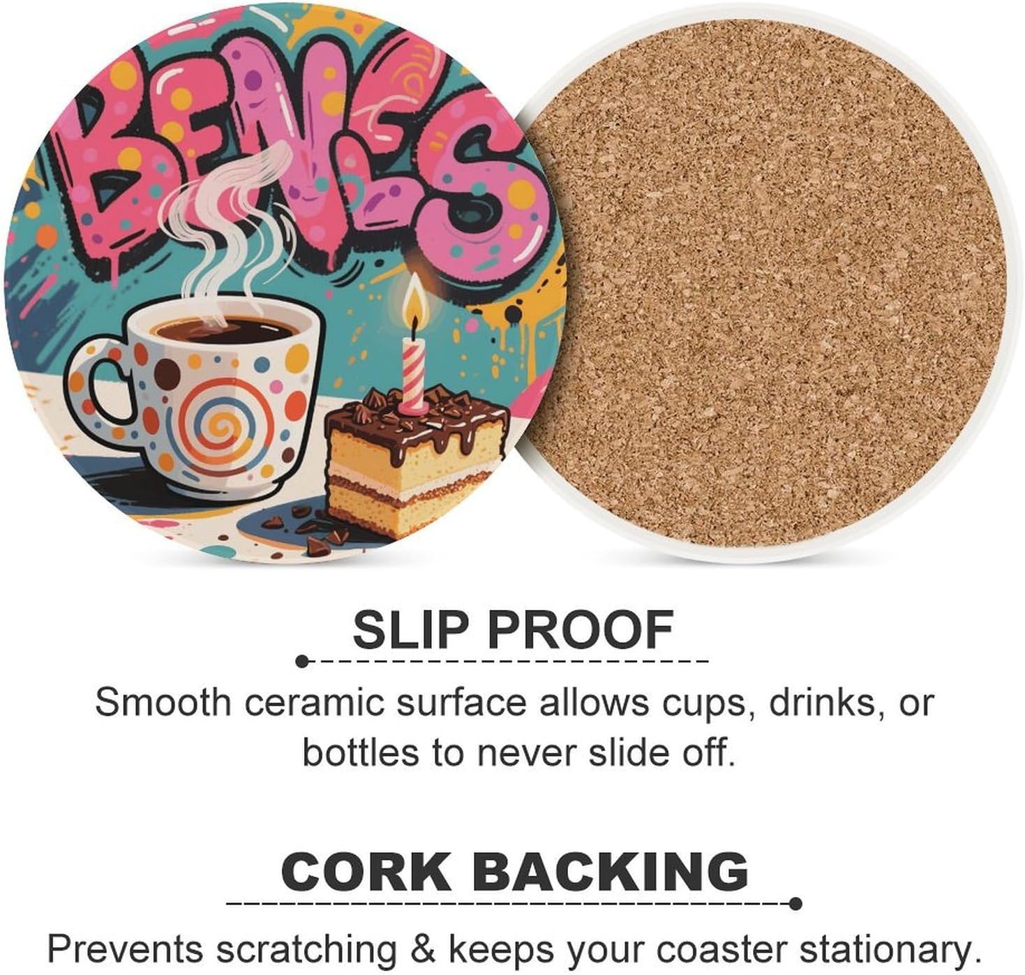6PCS Doodle Style Coffee Cake Coasters Non-Slip Round Drink Coasters with Ceramic Stone and Cork Base, Heat Resistant Absorbent 33.00Stone Coaster Set for Kinds of Mugs and Cups, 4 Inch