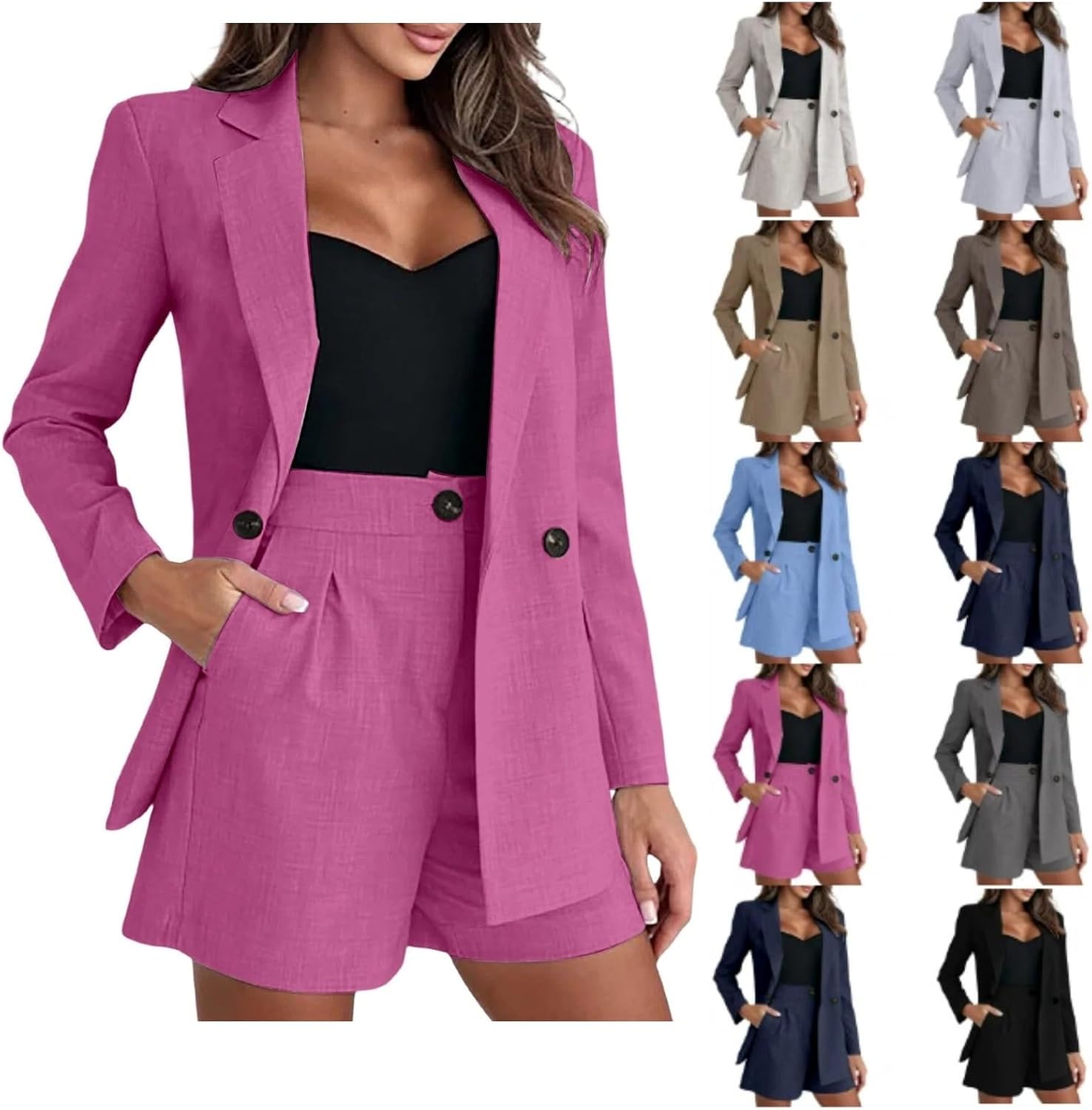 Linen Suits for Women for Work Notch Lapel Long Sleeve Blazer and Short Pants with Pockets Business Causal Set Summer