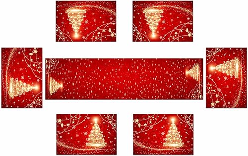 Miniatura 2 de Juego de 6 caminos de mesa y manteles individuales con purpurina para árbol de Navidad, juego de tapetes de comedor de lino lavable rojo feliz año
