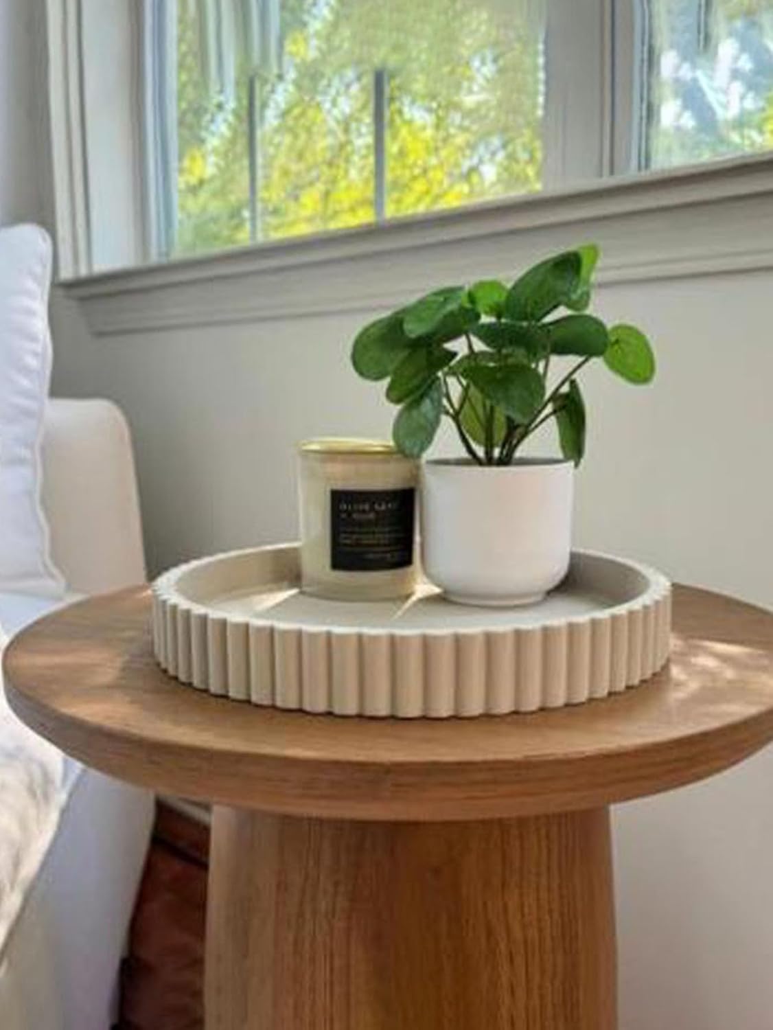 Decorative Tray for Coffee Table, 12in Round Decorative for Tray Decor, Handmade Decorative Trays for Home Decor，Living Room, Side Table (White)