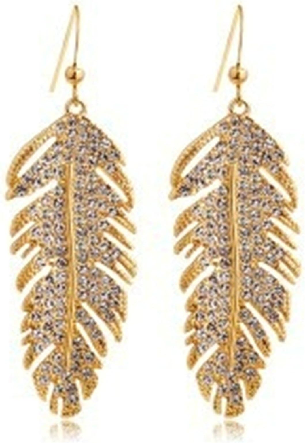 Onefeart White Gold Plated Dangle Earrings For Women,Wing Leaf Fishhook Rhinestones Zirconia Gold 5CMx2CM