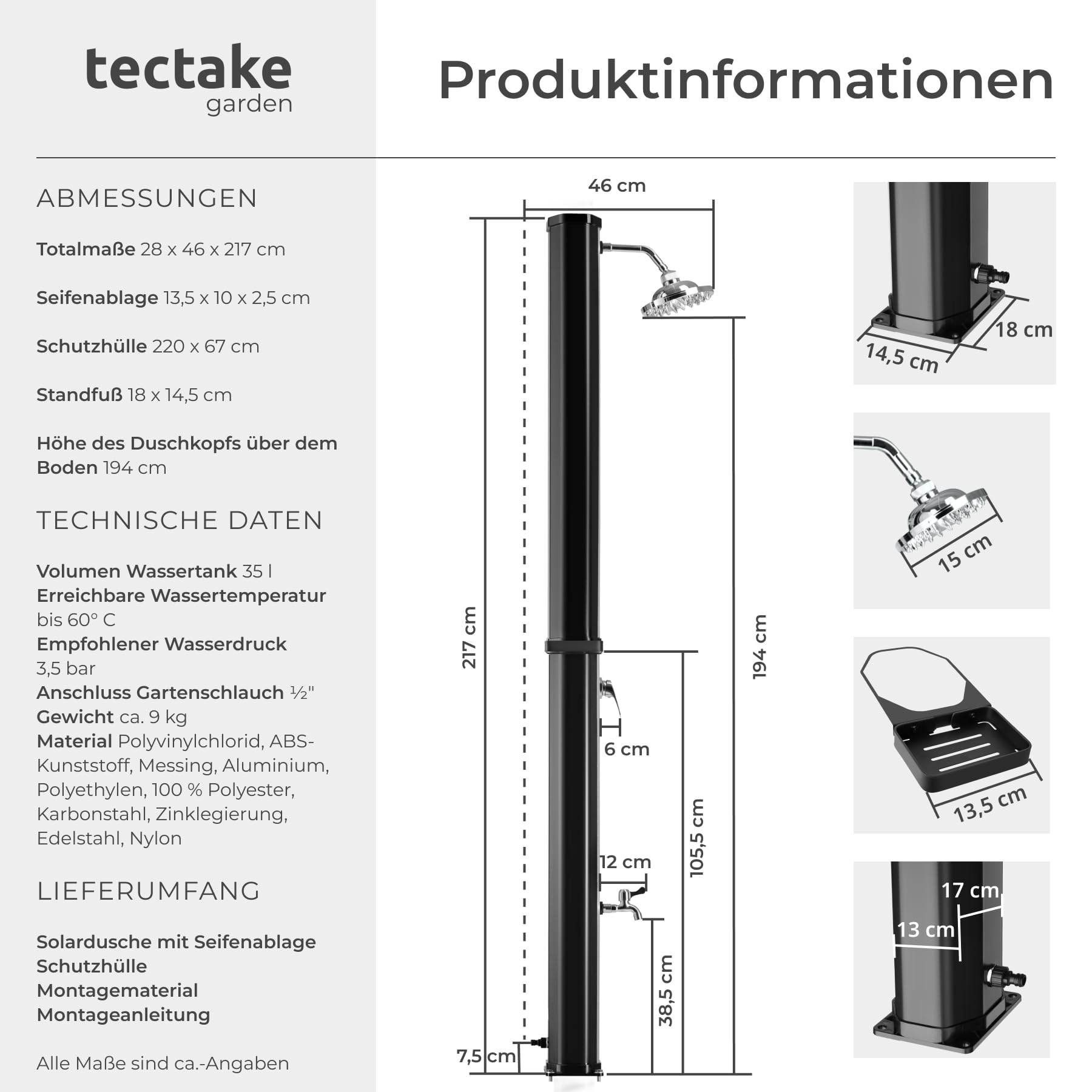 TecTake® Solardusche 35 l, bis 60° C, drehbarer Regenduschkopf, Gartenschlauch-Anschluss, Wasserhahn, Seifenablage, Schutzfolie, Schutzhülle, Außendusche, Solarduschen, schwarz