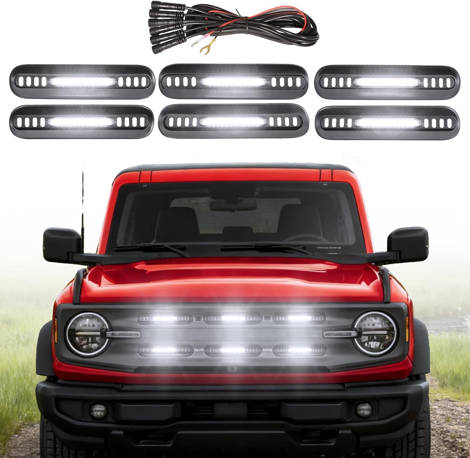 LED Grille Lights for Ford Bronco 2024 2021 2022 2023 Front Grill Inserts Light Snap-on Lamps Fits for Big Ben-d Outer Bank Accessories 2-4 Door (White Lights, 6PCS)