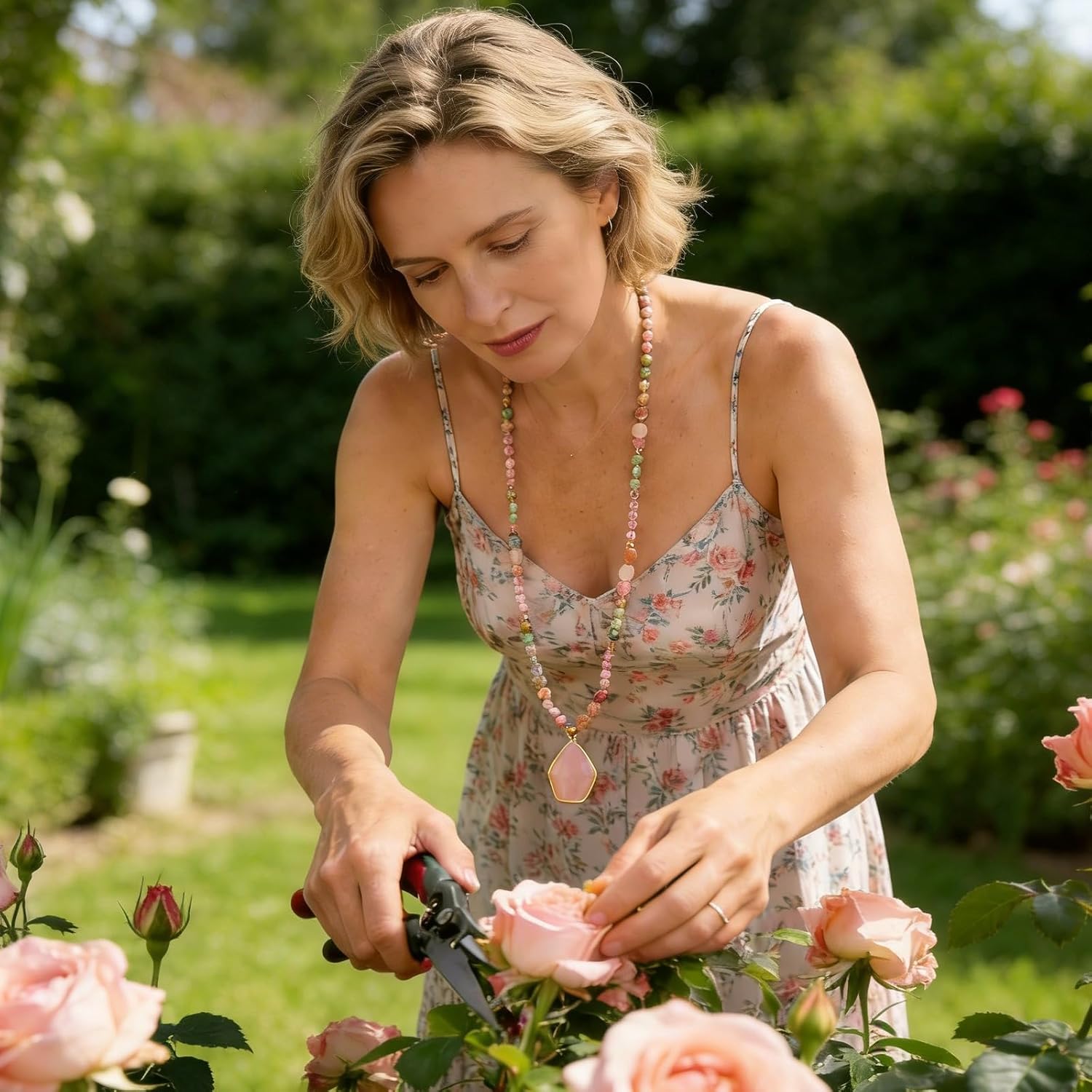 Long Necklaces for Women Boho, Oval Waterdrop Turquoise Pendant, Natural Stone Beaded, Handmade,Vintage & Elegance, Boho Fashion Charm Beaded Necklace for Women - Image 3