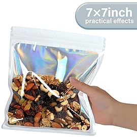EONJOE 100-pack 77 inch mylar bags with clear window holographic resealable sealable packaging zip bag for small bussiness jewelry candy sample food packing supplies white