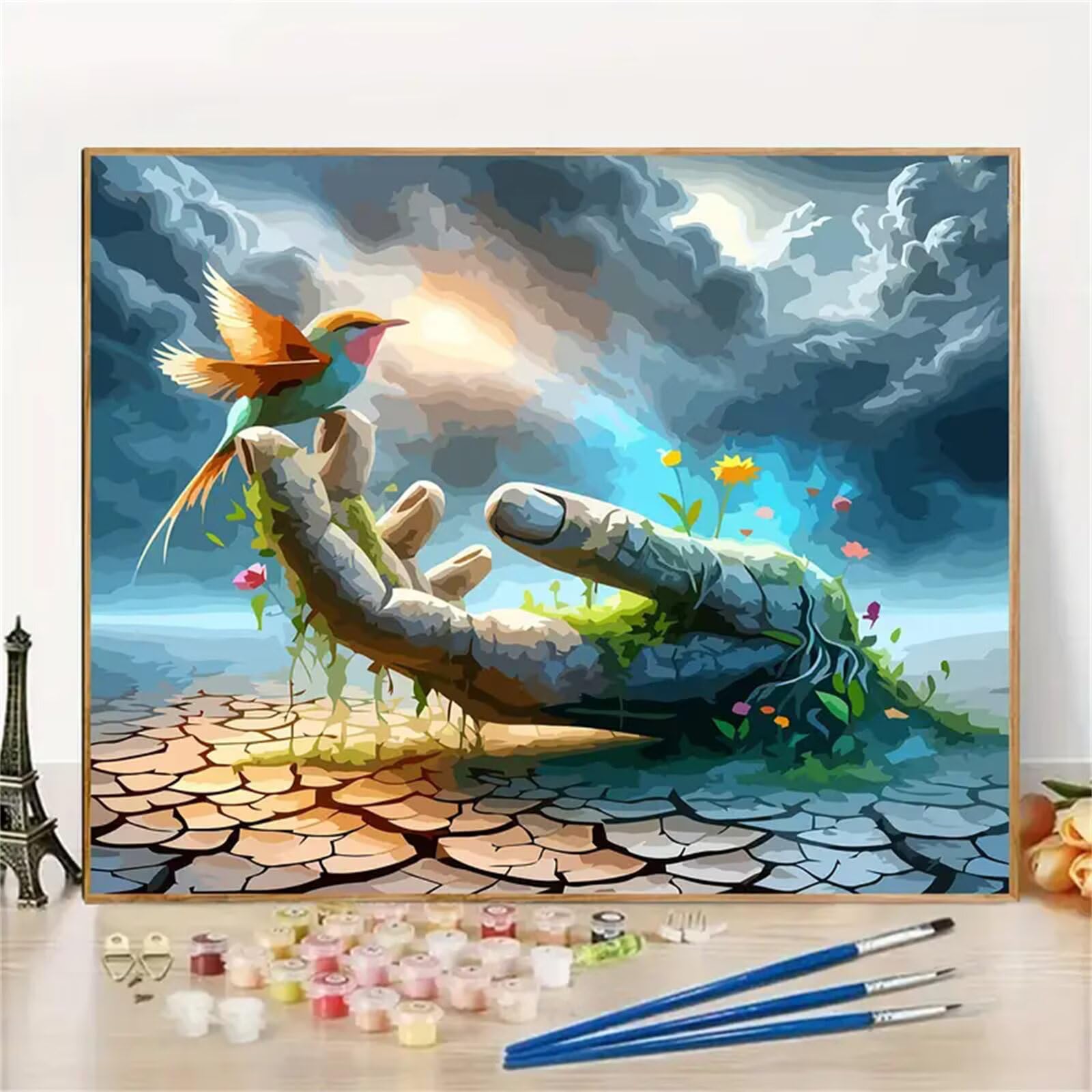 Pintar por Numeros para Adultos,con marco Paint by Numbers Kit DIY Cuadros Pintura al óleo de Lienzo con pigmento acrílico y pinceles para Hogar Pared Decoración Pájaros de mano de fantasía,60x75 cm