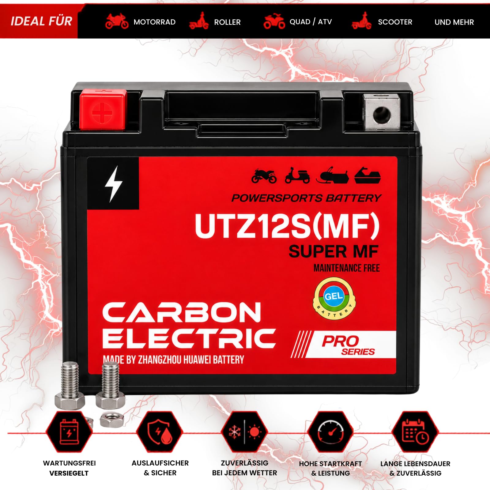 MotorradBatterie 10Ah YTX12-BS GEL Akku 12V – CarbonElectric Wartungsfrei für Motorrad Roller Quad ATV Scooter