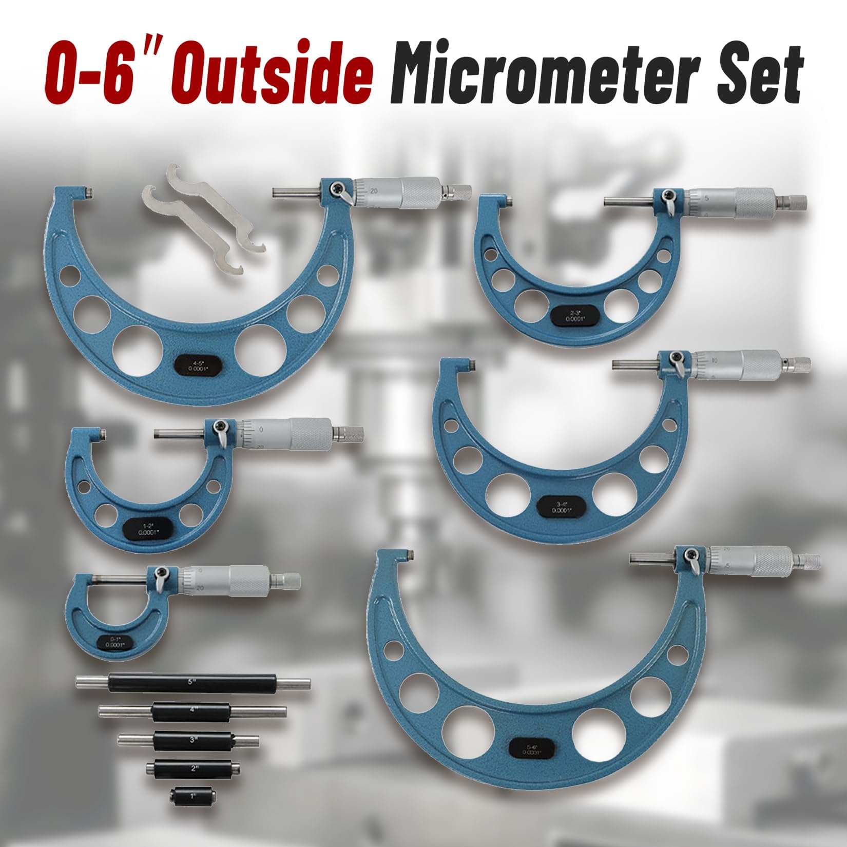 Micrómetro exterior métrico de 0 a 150 mm, 6 unidades, 0,01 mm, estándares de carburo