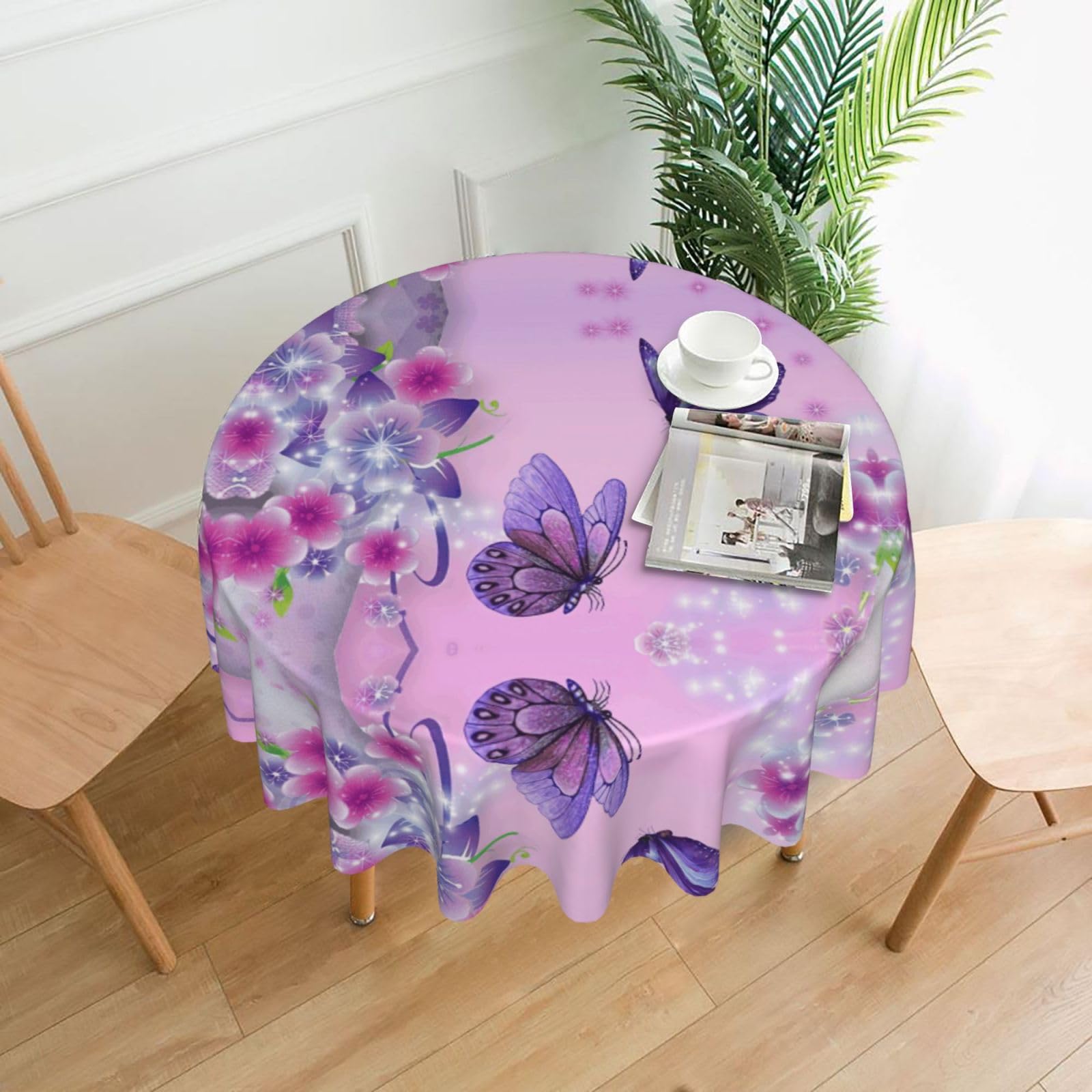 Zcmkjlg Pink Butterfly Print Quick Ship Round Tablecloth 60in Polyester Washable Cover for Dining Room