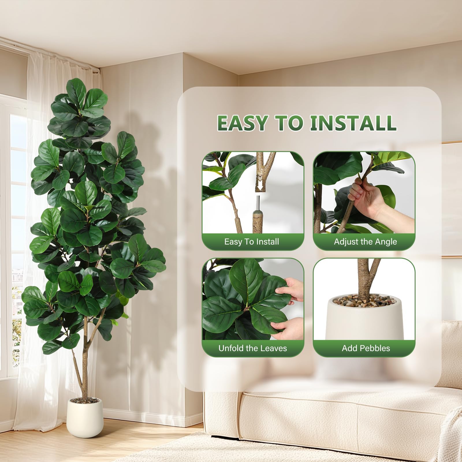 Kunstpflanze Geigenfeige 210cm, Mit 141 Blättern & Natürlichem Stamm Im Weißen Blumentopf Mit Kieseln, Ficus Lyrata XXL Kunstpflanze Wie Echt Für Wohnzimmer Büro Wintergarten Deko, Einfache Montage