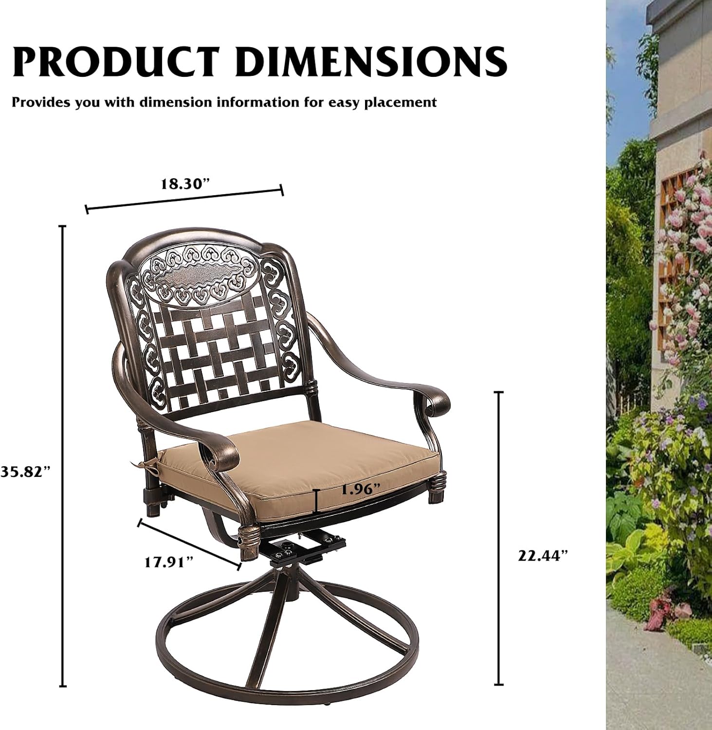 MAGIC UNION 2 Pieces Patio Dining Chairs, Outdoor Cast Aluminum Swivel Chairs with Armrest, Patio Bistro Rocking Chair Set of 2 for Garden, Backyard, Deck (2pc F- Swivel Chair with Khaki Cushion)