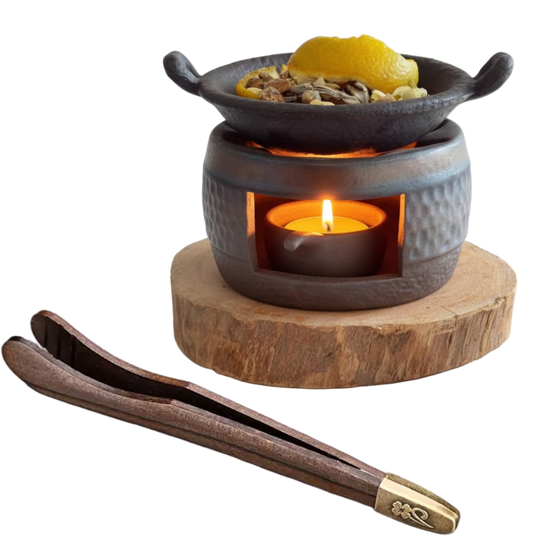 Quemador de Incienso de cerámica, Calentador de Aceite Esencial de cerámica Hecho a Mano con tapete de Pino y Pinzas, Doble Uso para derretir Cera y Calentar té, decoración del hogar Zen para relajac