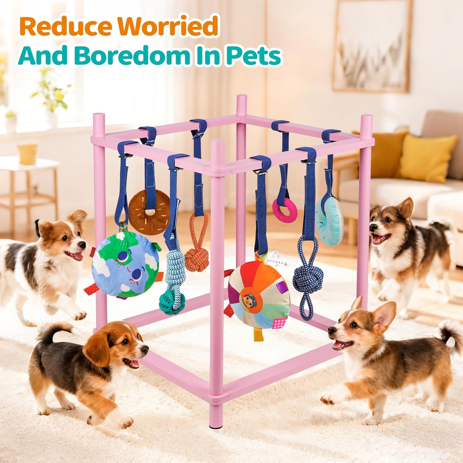 Wooden Puppy Play Gym for Small Dogs, Puppy Jungle Gym with 8 Hanging Toys, Wood Frame Indoor Puppy Gym with Dog Enrichment Toys for Puppies and Small Pets (Pink)