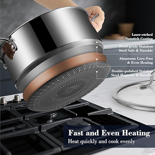 Miniatura 4 de Juego de ollas y sartenes antiadherentes de 8 piezas, 1.5 cuartos de galón, cacerola de 2 cuartos de galón y olla de 5.2 cuartos de galón con tapa