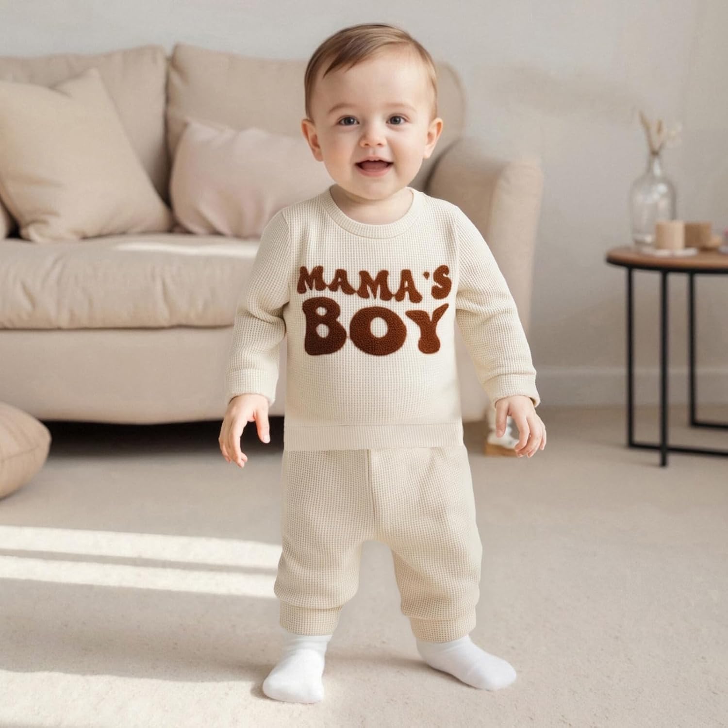 Sejardin Infant Fall Winter Outfit Waffle Baby Boy Clothes Letter Long Sleeve Sweatshirt and Stretch Pants 6 12 18 24M Set - Image 2