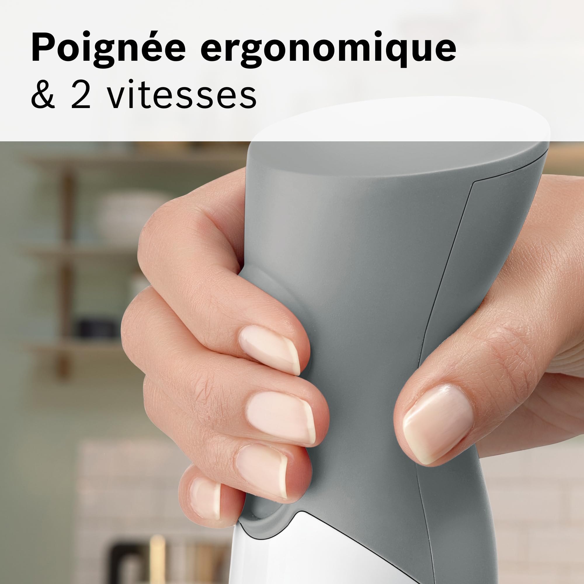 Bosch Mixeur plongeant ErgoMixx, moteur 600 W, 2 vitesses, gobelet doseur, blanc/gris, MSM66110