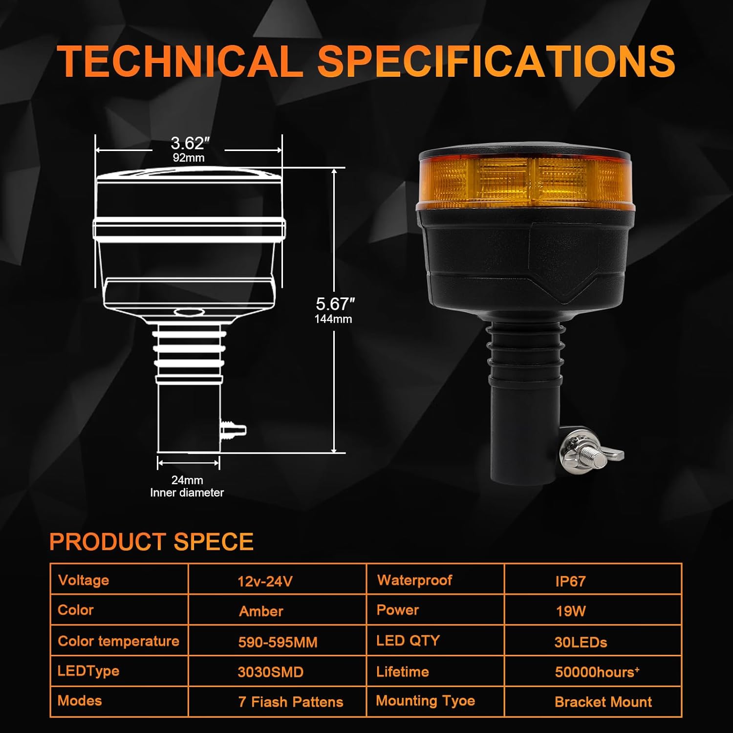 Amber Beacon LED Emergency Strobe Light, 3.6 Inch Warning Light with 7 Flash Modes, IP67 Waterproof for Truck, Construction Vehicle, and Safety (Pole Mount)
