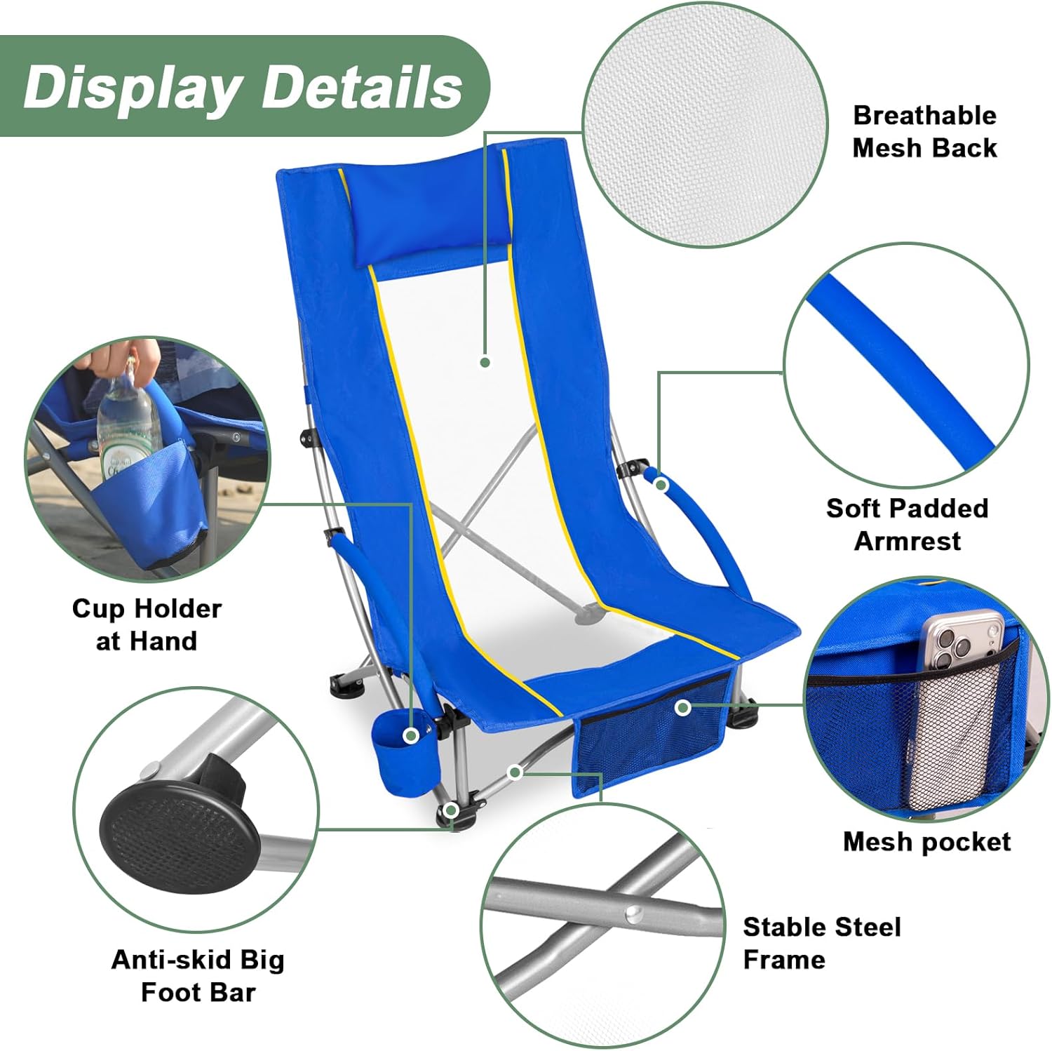 Romswi High Back Beach Chair, Compact Lightweight Low Seat Camping Chair, Fits in Suitcase, 400lbs Heavy Duty Oversized Backpack Chair with Cup Holder & Storage Bag, Blue