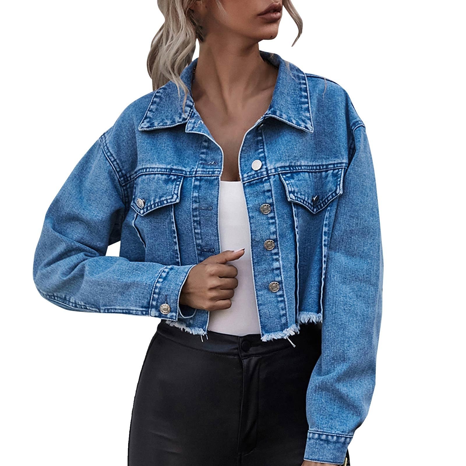 Women's Fashion Crop Denim Jacket Solid Color Short Single