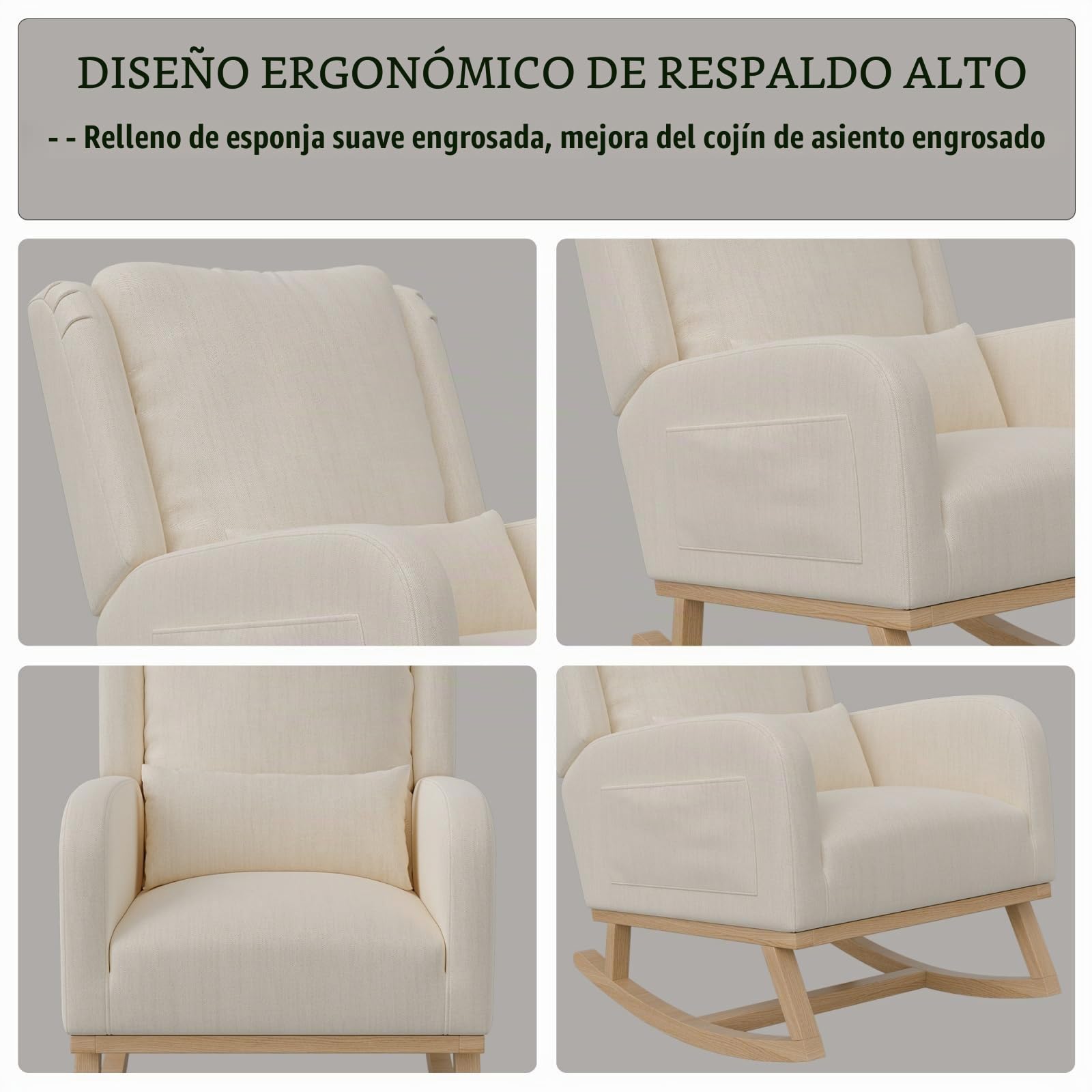 Mecedora escandinava, silla de lactancia con cojín lumbar, beige | Sillón mecedora de lino, sillón mecedora reposo con bolsillos laterales, estructura de madera maciza, 68 x 93 x 96 cm