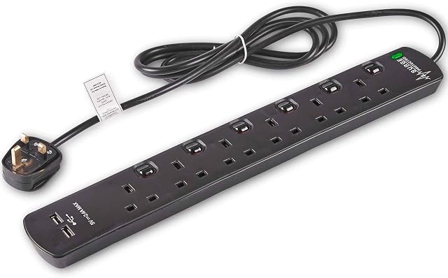 VonHaus 6 Way Plug Extension with USB - 6 Gang 2m Universal Power Strip with LED Indicator, Power Strip Surge Protected - Extension Lead USB, Ideal for Gaming, Home Office & Garage