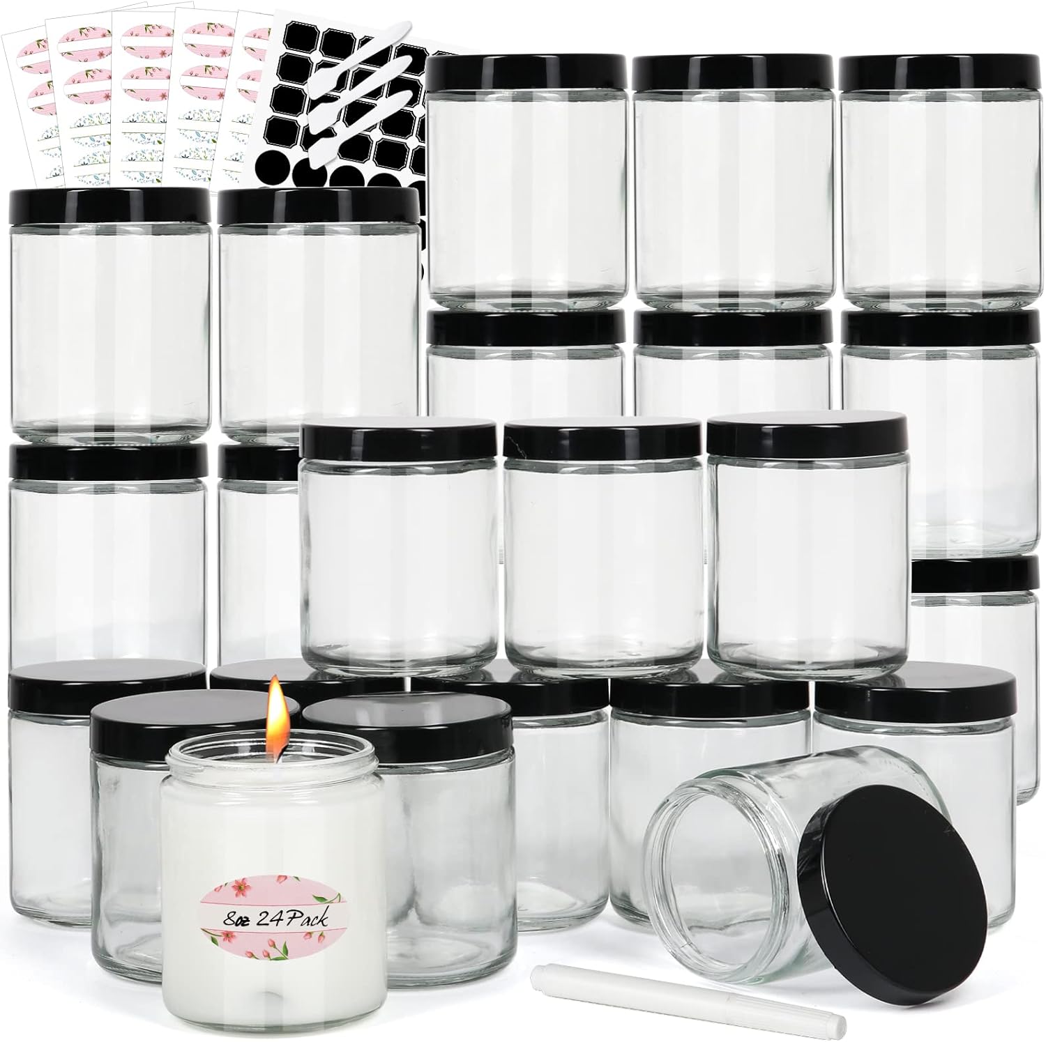 EkkoVla 24 Pack 8 oz Clear Round Glass Jars with 24 Black Lids, Candle Making Jar, Empty Refillable Cosmetic Containers for Lotions, Face Creams, Body Butter, Powders, Ointments, Beauty Products
