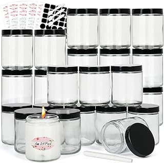 EkkoVla 24 Pack 8 oz Clear Round Glass Jars with 24 Black Lids, Candle Making Jar, Empty Refillable Cosmetic Containers for Lotions, Face Creams, Body Butter, Powders, Ointments, Beauty Products