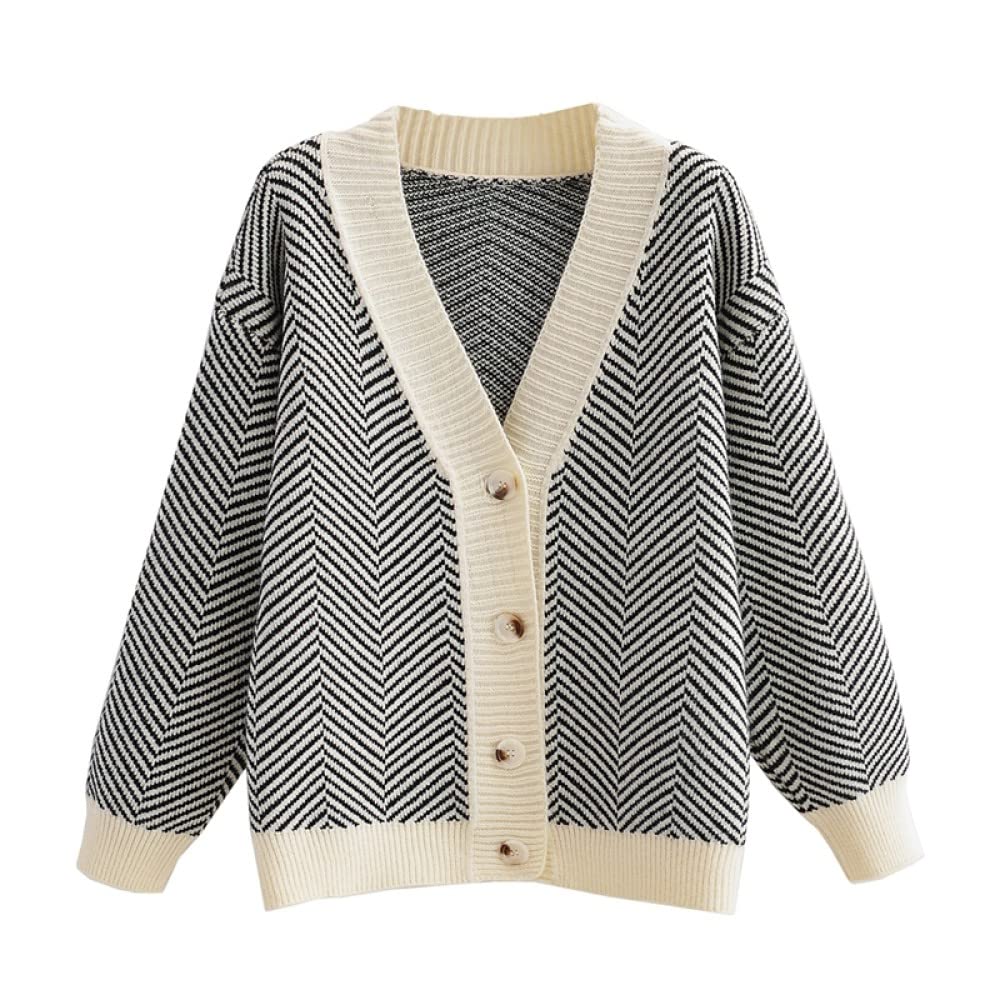 Strickjacke Damen,Frauen Strickjacke Elegante Gestreifte Strickjacke Vintage Jumper Lady Fashion Knit Strickjacke Mantel Langarm Offene Front Lose Strickwaren Pullover