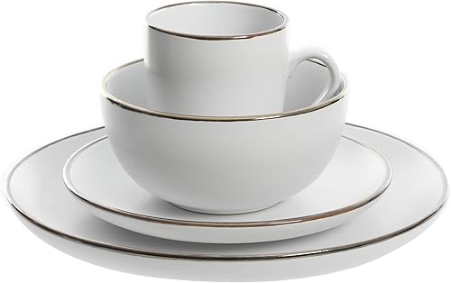 Miniatura 3 de Gibson Home Rockaway Round Stoneware Dinnerware Set, Service for 4 (16pcs), Matte White/Metallic Rim Colores surtidos (anillos festivos)