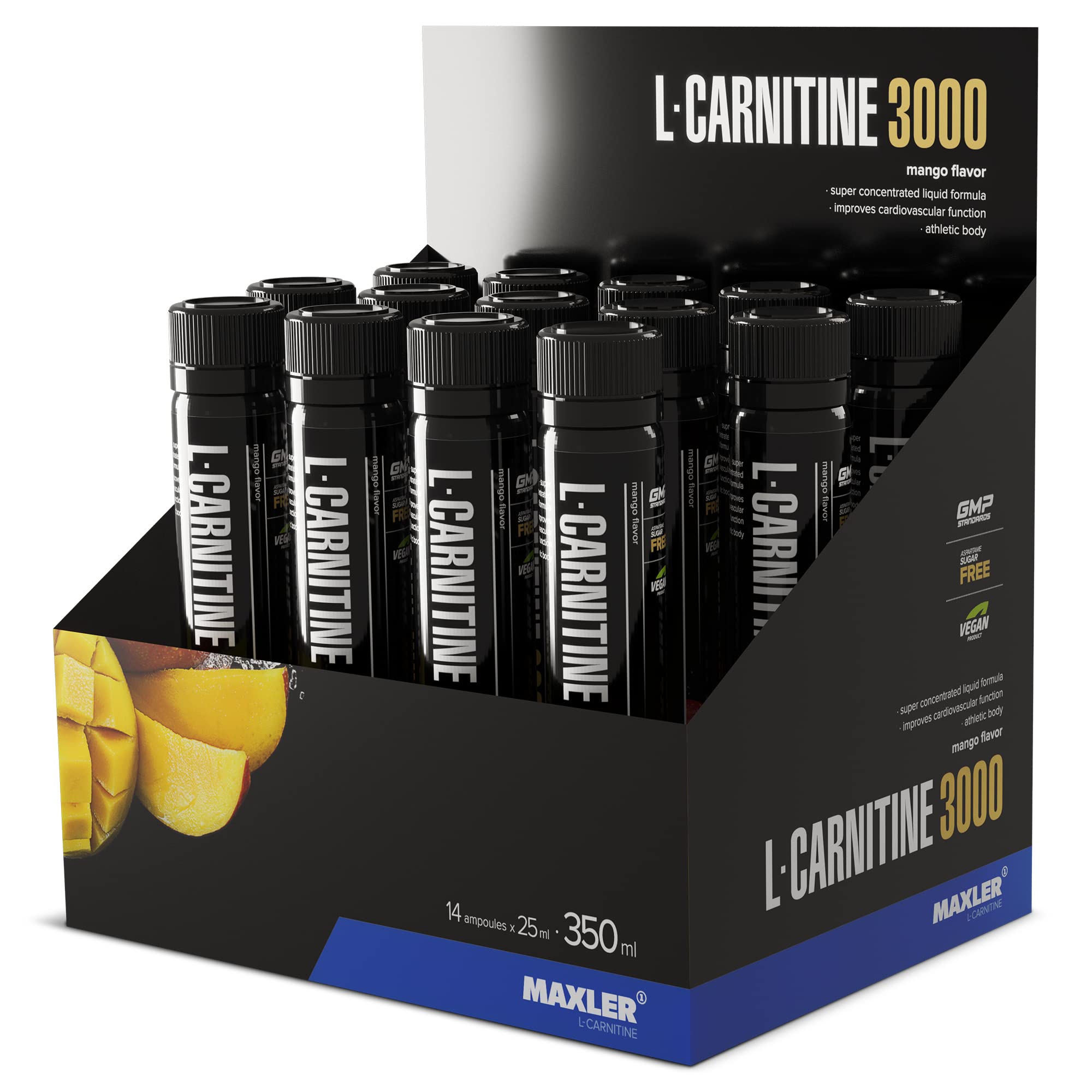 Maxler L-Carnitine 3000 - Mango - 14x25 ml - Liquid L Carnitine high dose - Vegan nutritional supplement - 3000 mg active ingredient per serving