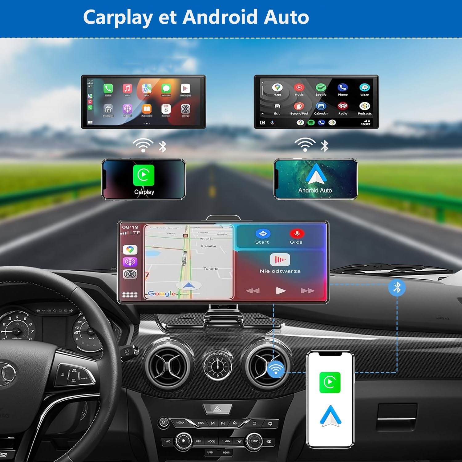 Écran CarPlay Portable sans Fil pour Voiture, 10,26 Pouces, CarPlay et Android Auto, stéréo Tactile pour Voiture, avec caméra de Tableau de Bord 4K, caméra de recul, Bluetooth, Navigation GPS