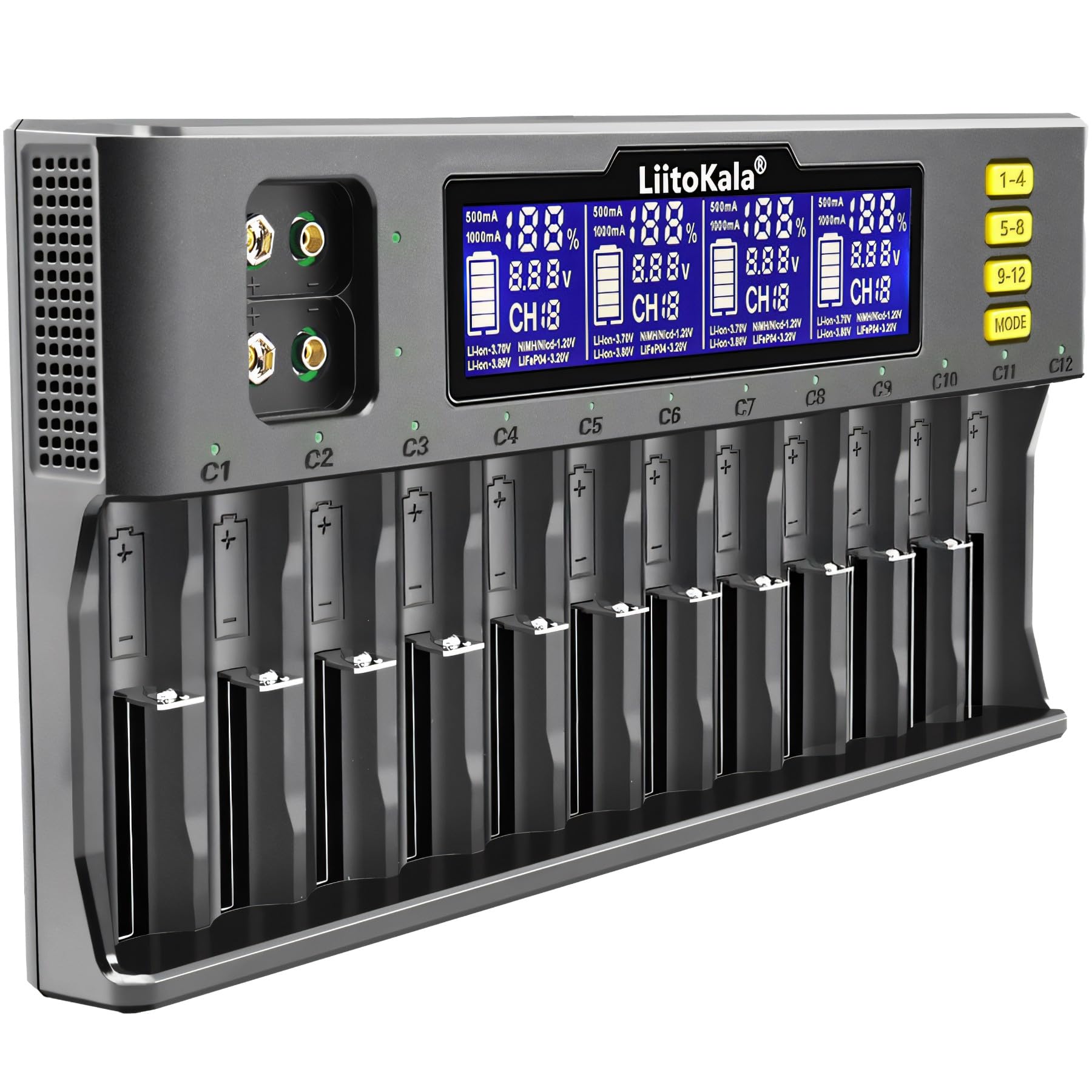 Retoo cargador de batería para AA, AAA, 9V Ni-MH/Ni-CD, Li-ion 3.70V/3.80V, LiFePO4 3,20V, 12 plazas de carga, cargador de batería rápido universal con pantalla LCD, baterías recargables, negro