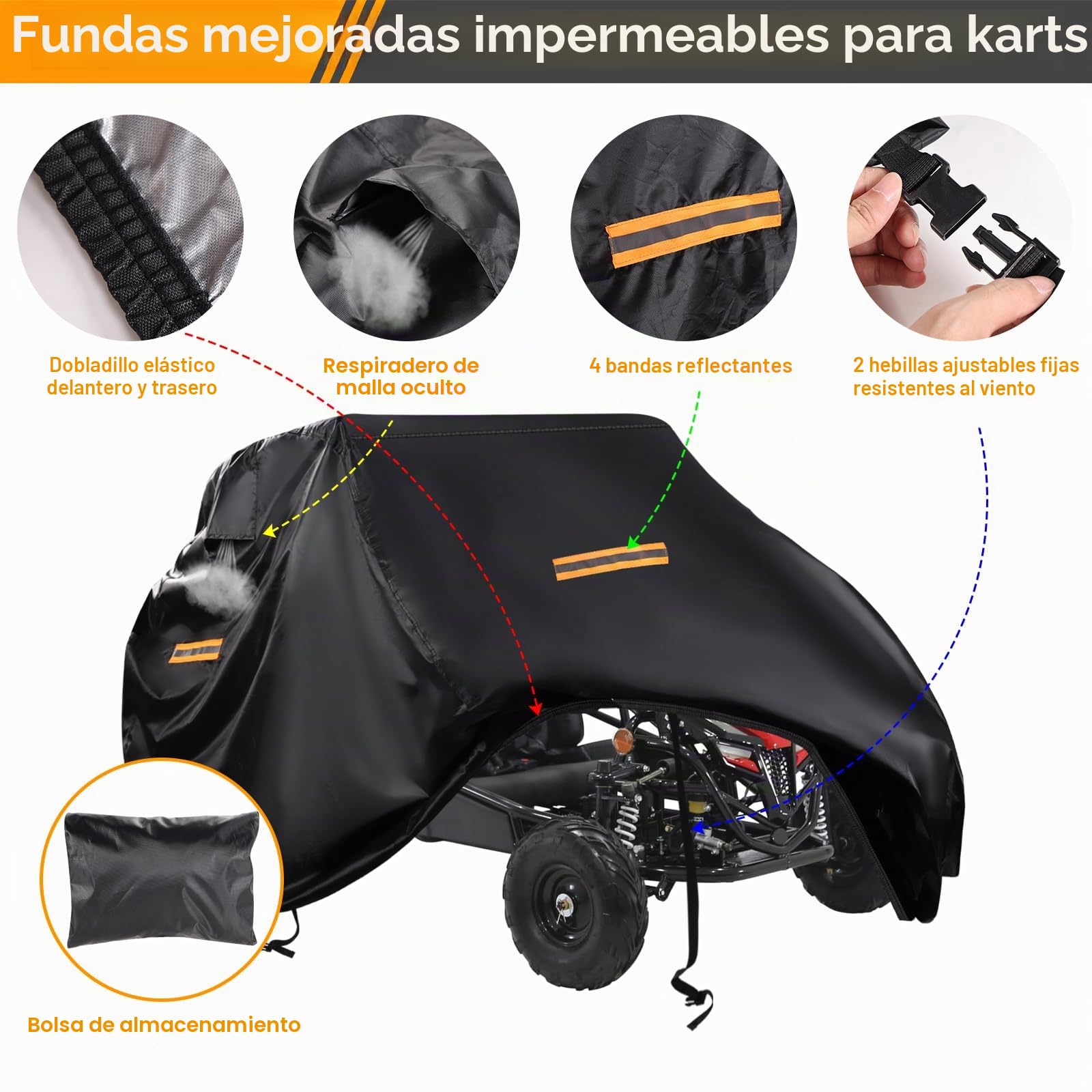 Funda para Go Kart, Resistente 420D Oxford de 2 plazas, Impermeable, con ventilación de Aire, 4 Asas Reflectantes, 2 Hebillas Resistentes al Viento, Funda Protectora para Gokart Coleman KT196, Baja,