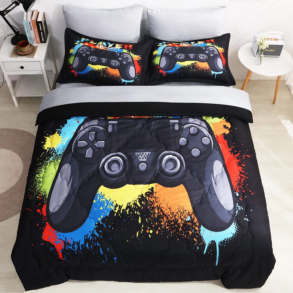 Wajade Kids Gamer Comforter Set Twin Size Bed in a Bag for Boys and Girls, 7 Pieces 3D Video Game Controller Printed Bedding Set Includes Comforter, Flat Sheet, Fitted Sheet, Two Pillowcases & Shams