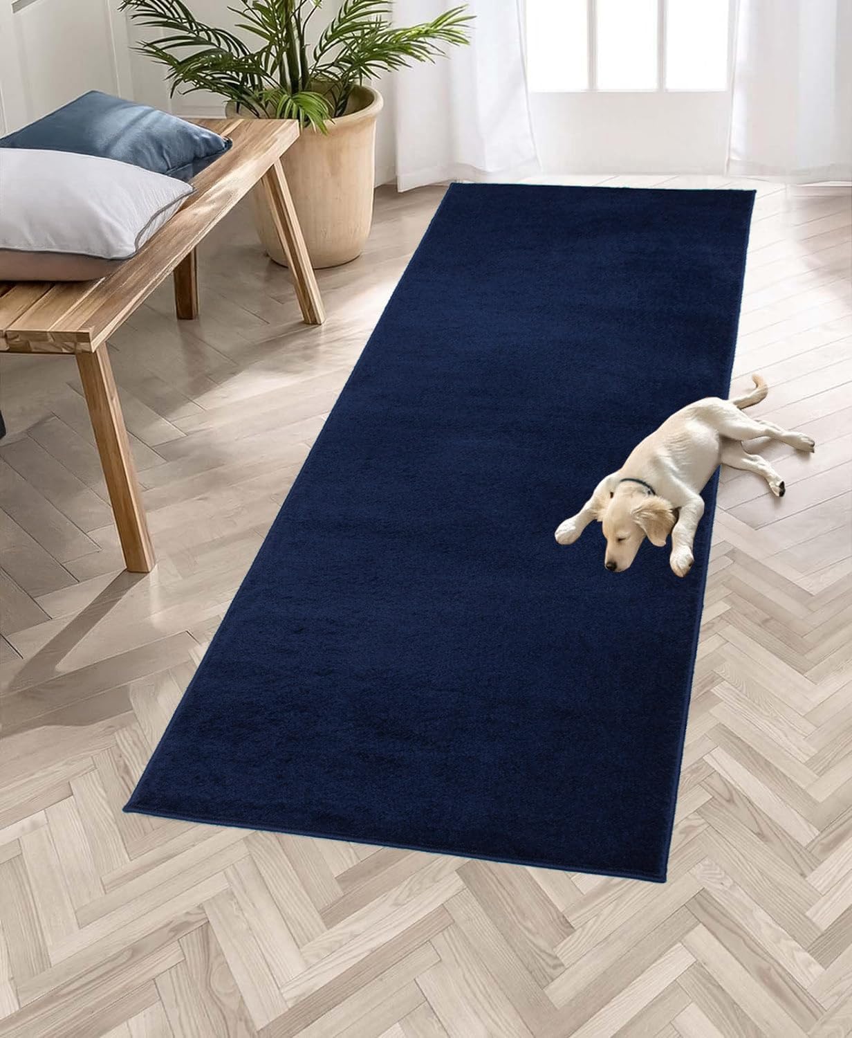 RugStylesOnline Washable Custom Size Runner Rug Solid Color Navy, (2 Feet Length x 26 Inch Width) Custom Cut Slip Resistant Rubber Backing Runner Rugs, Extra Long Runner Rugs for Hallways