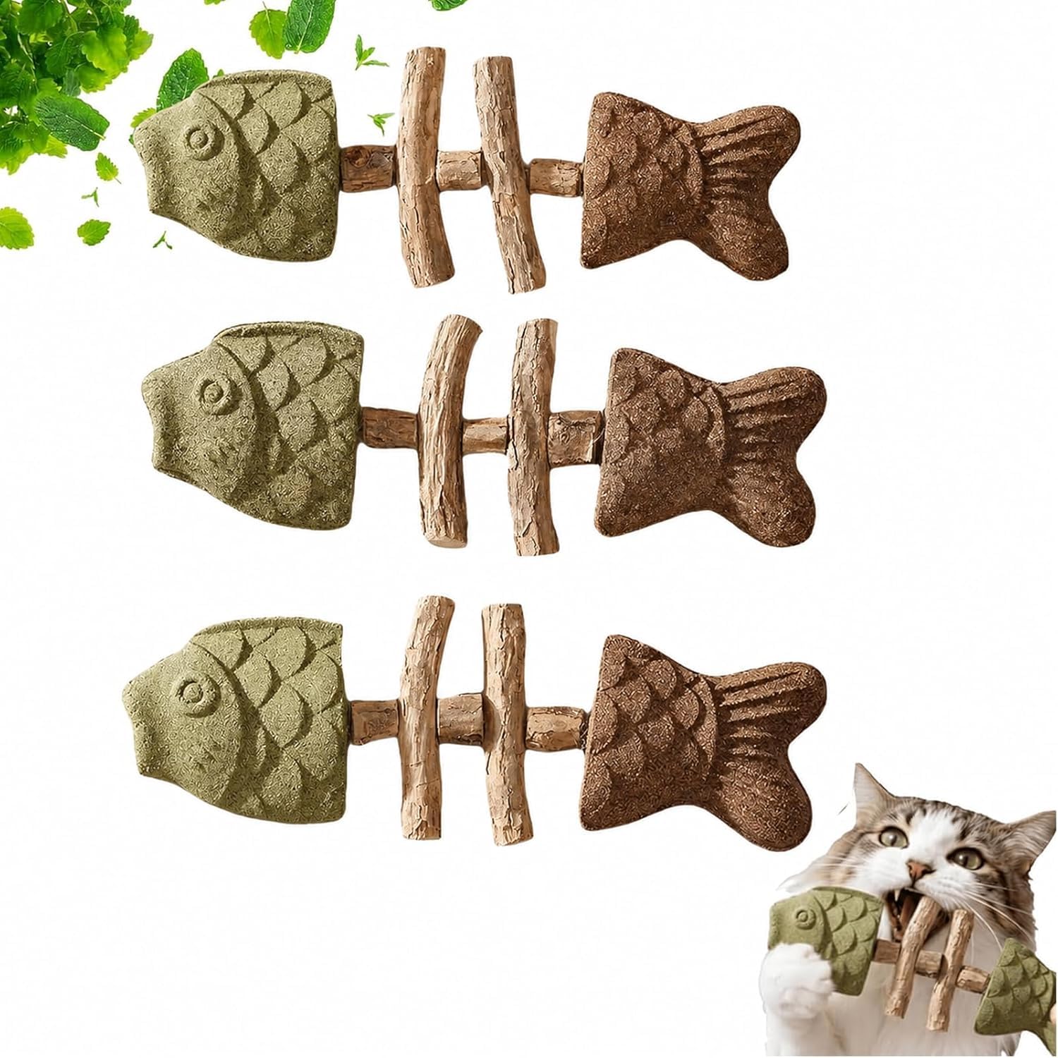 2026 New Creative Fish Bone Cat Dental Chew Toy -Natural Catnip & Silvervine Teeth Cleaning Stick,Fix Cat Dental Health,Durable Wooden Feline Tooth Care Tool,for Cats Teething and Stress (Mix-3Pcs) — image 1