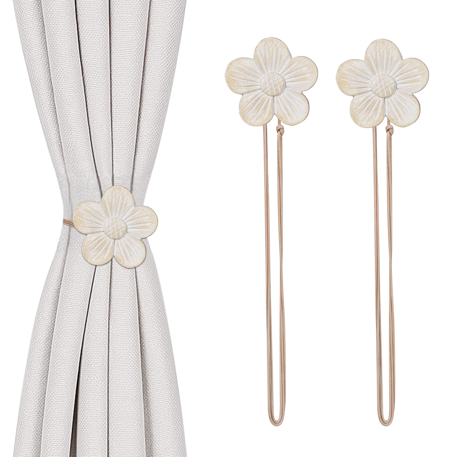 TopHomer Magnetic Curtain Tie Backs, 2Pcs Adjustable (40cm/15.7in) Curtain Tiebacks, 5 Colors Resin Flower Magnetic Tie Backs for Curtains Home Office Thick/Thin Drapes
