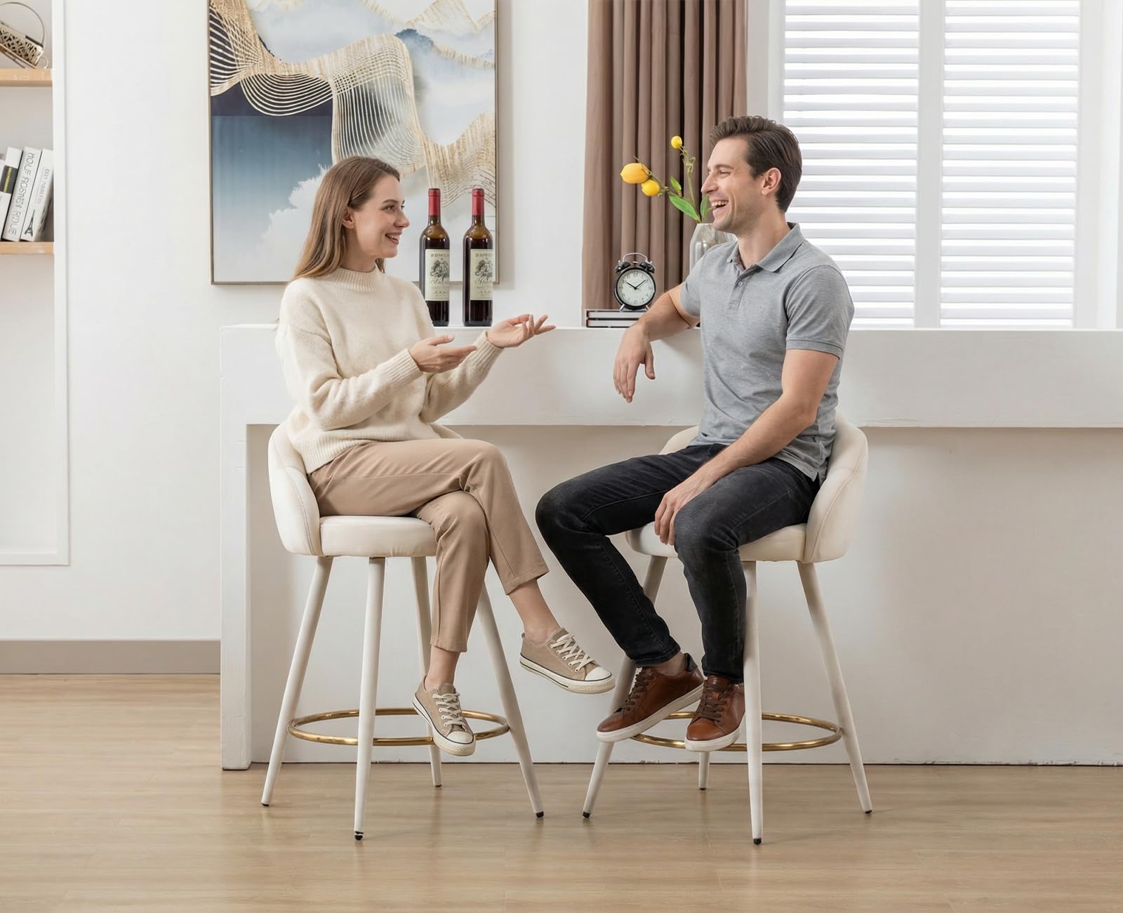 chairus Barstuhl 2er Set Samt Küchenhocker muschelform mit Lehne Beige | Modern Tresenhocker Gepolstert Barstuhl mit Metallbeine, Bistrohocker mit Fußstütze für Küche Hausbar Esszimmer