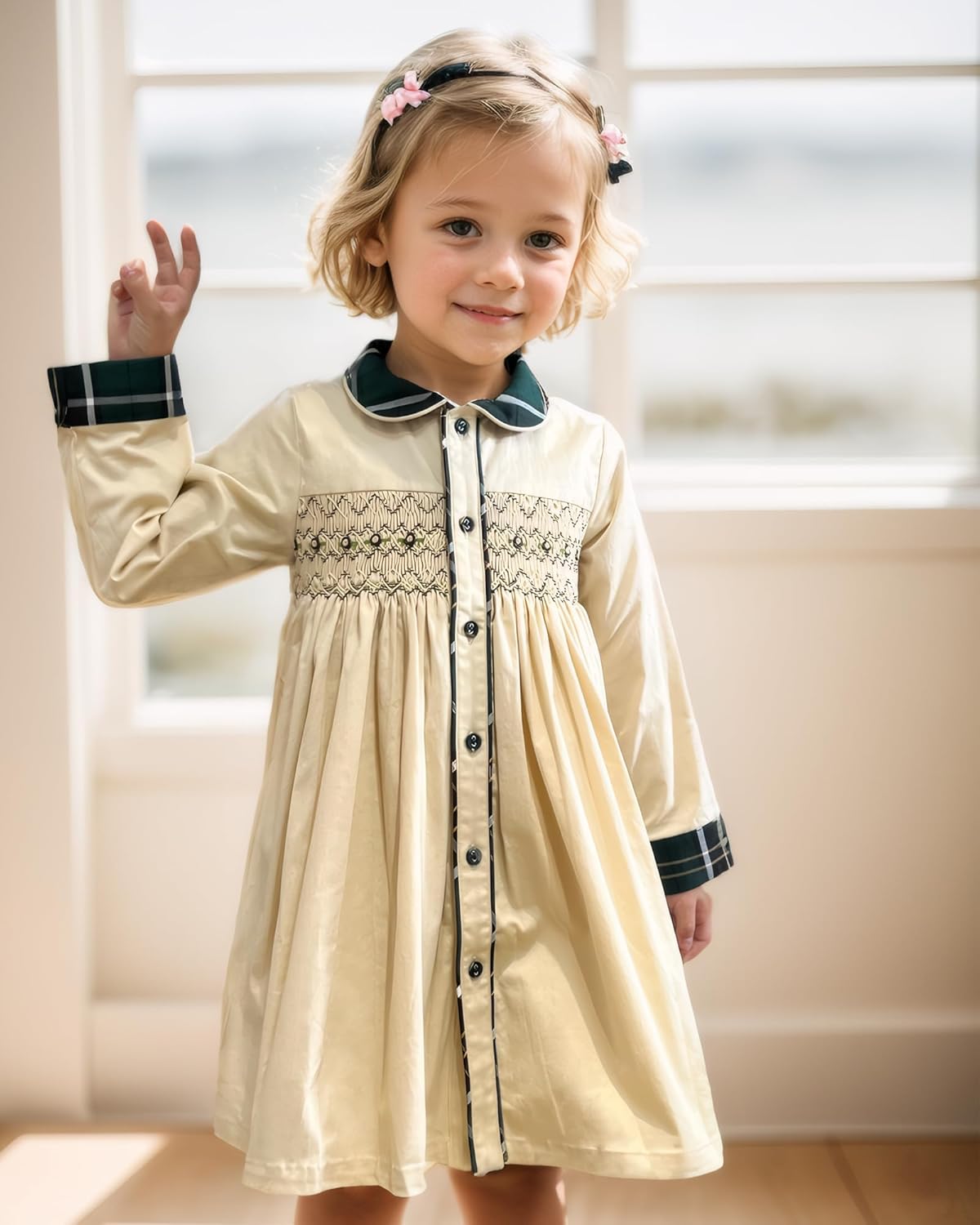 Twoflower Toddler Handmade Smocked Dress, Baby Girls' Clothing Long Sleeve Fall Vintage Dresses for Birthday Holiday - Image 4