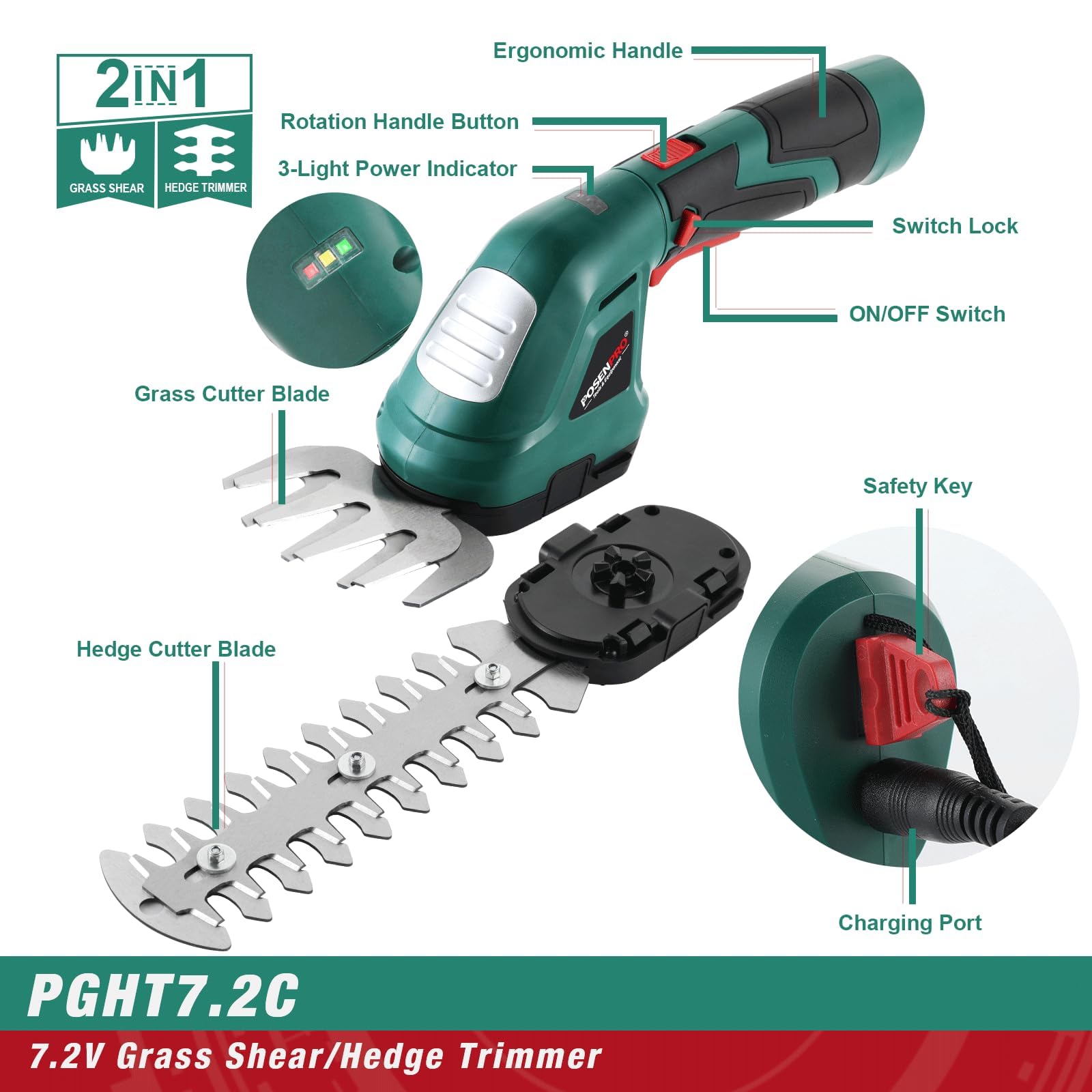 POSENPRO Cisaille Sculpte-Haie et Taille-Herbes sans Fil 7,2V, 2 en 1 Taille Haie Batterie Electrique avec 2 Lames, Poignée rotative 180°
