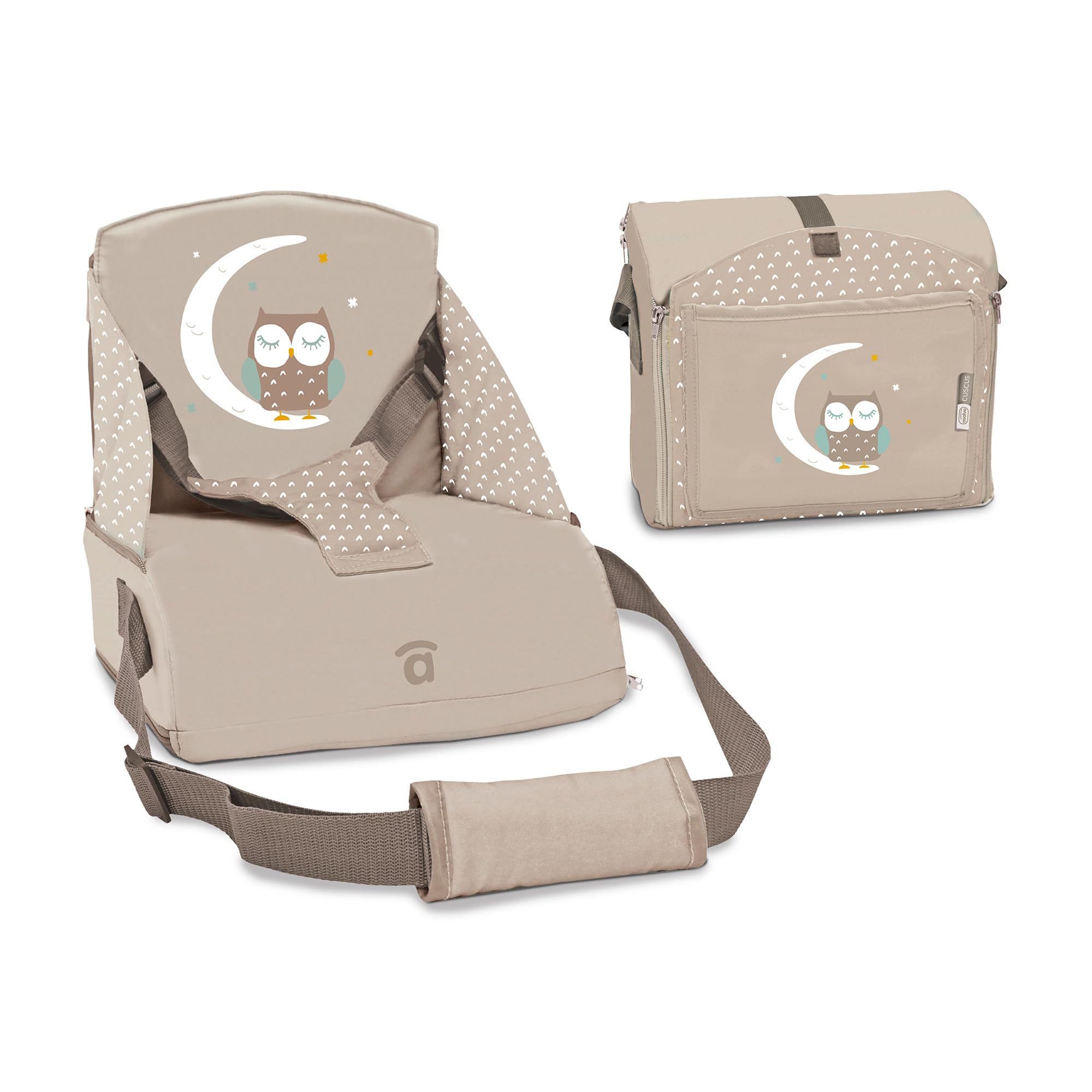 Asalvo BOOSTER CUSCUS Trona de Viaje para bebés hasta 15 kg, Plegable, Arnés de seguridad, bolsillo, Respaldo 25 cm, Búho Beige