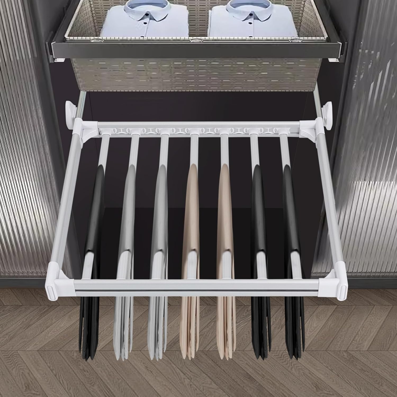 11 Arms Slide Out Pants Rack Closet Pants Hanger Bar Pull Out Trousers Rack Tie Belts Scarf Racks, Top Mounted Wardrobe Clothes Organizers Rail Pull Out Closet Storage Rod-Silver White