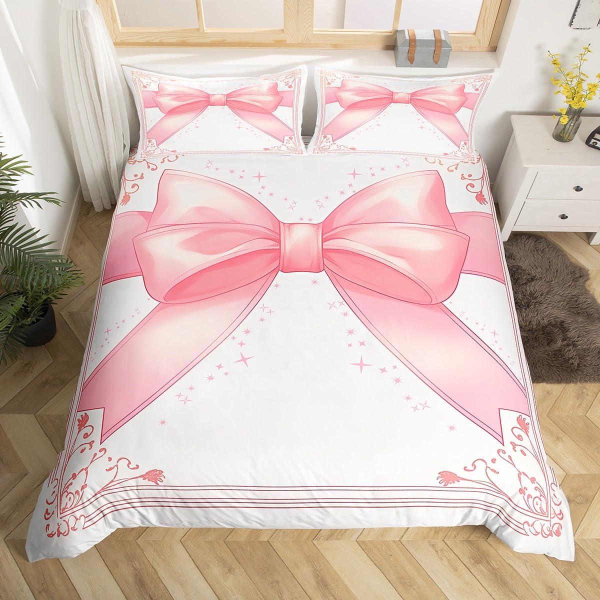 Manfei Bowknot Duvet Cover Set Double Size, Pink Bow Tie Print Bedding Set for Kids Girls Princess Room Decor, Pink and White Comforter Cover, Lightweight Bedspread Cover,2 Pillowcases,No Comforter โ image 1